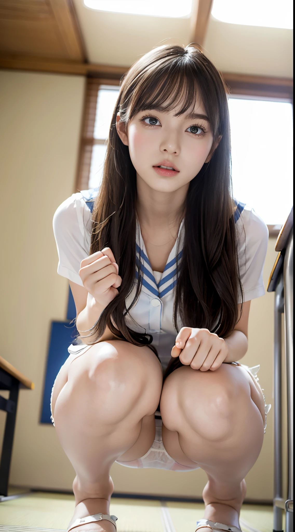 Put your hands on your knees、((White panties are visible))、(Squatting panty shot)、Double eyelidd、perfect fingers、perfectly proportions、tits huge、eyeslashes、heels on the ground、beautiful delicate eyes、extremely highly detailed、Hight Resolution、transcendent beauty、Top Quality、masterpiece、((Japanese girls' high school uniform))、very detailed expression、school classroom、Highly detailed appearance、a 18 year old girl、front-facing、(((dynamicposes)))、((Sitting on legs with bent knees))、Sexy upper eyes、Low angle、(((White panties are visible)))