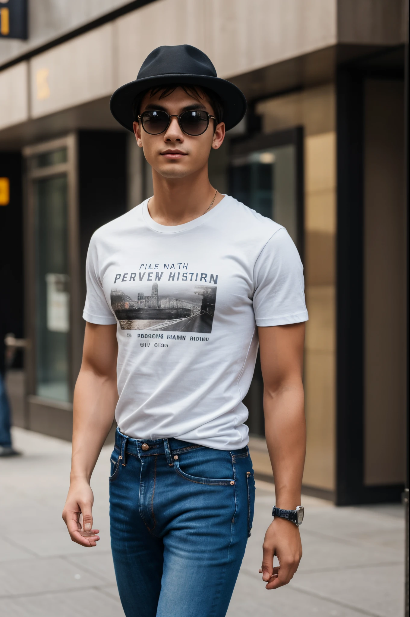 A charming, Masculine young man wearing a T-shirt, jeans and dark sunglasses, Walking the streets of New York wearing a hat all over the body , Photographed with Sony Alpha α9 II and Sony FE 200-600mm f/5.6-6.3G OSS lens, Natural light, Hyper-realistic, ultra hi definition photo