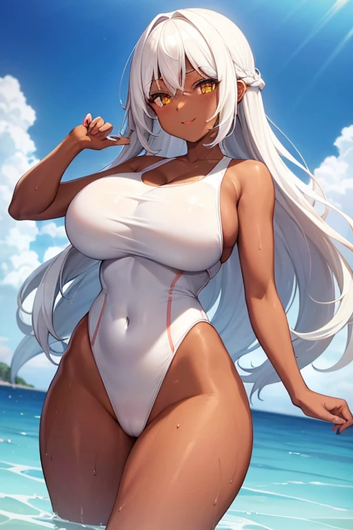 1girl, dark skin, dark body, yellow eyes, white hair, long hair, breasts, huge breasts, thick thighs, wide hips, one-piece swimsuit, competition swimsuit, white swimsuit, (red trim), red trim, pool, wet, light smile, school