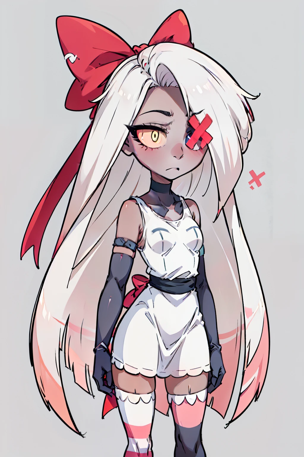 Vaggie, 1girl, gray skin, white hair, pink sclera, yellow pupils, long hair, white dress, pink and white striped stockings, hair bow, long gloves, perfect anatomy, solo