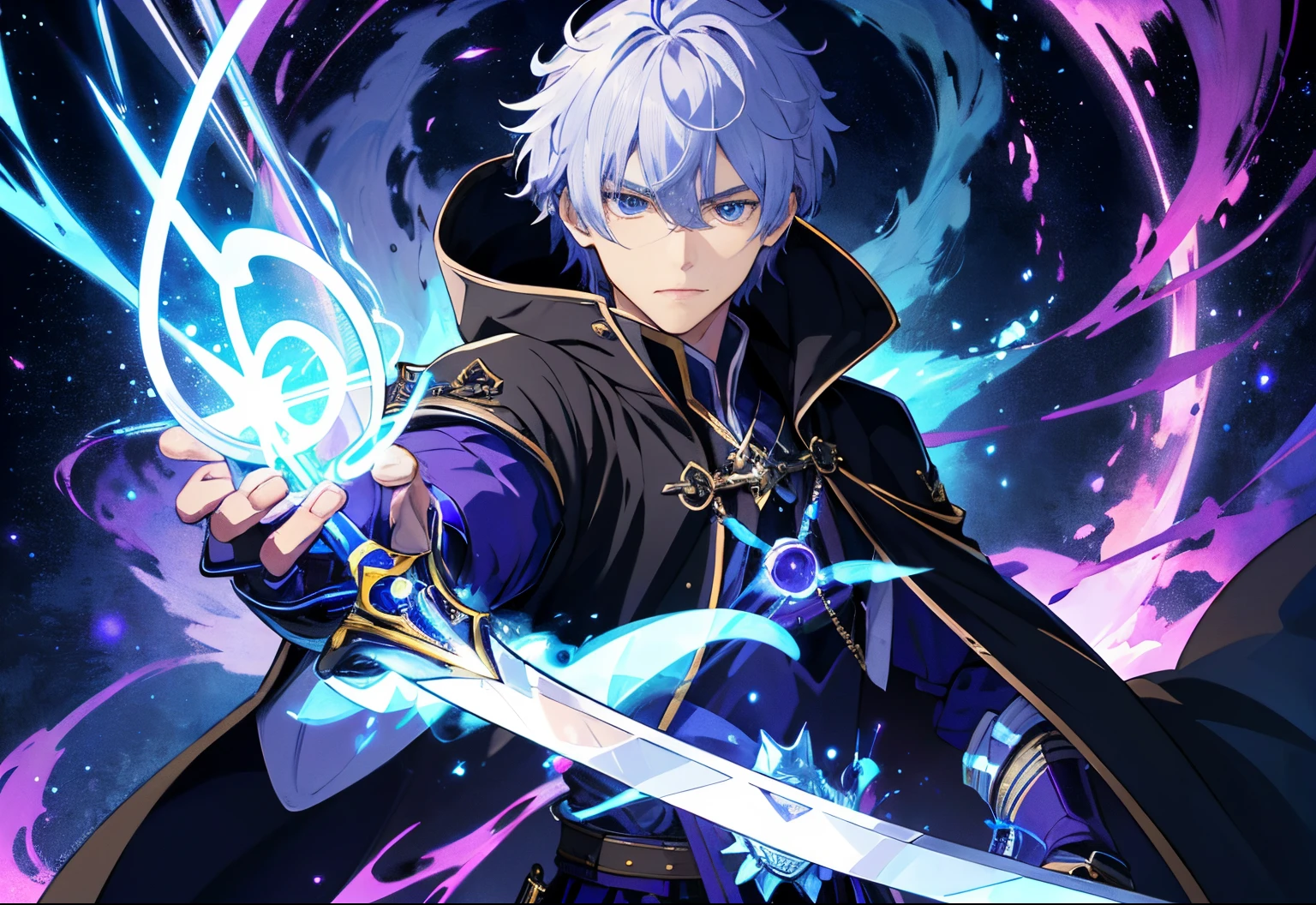 (Very detailed 8k wallpaper), Illustration、FULL BODYSHOT、keeping one&#39;s posture low、Medium photo of male magic swordsman, Convoluted, Highly detailed, There is a blue-purple monster-shaped aura behind him., Mechanical armor can be seen through the gaps in the black cloak.、He holds a large sword, and purple, blue, and silver auras are emitted from the sword.。、One of his eyes shines due to magical power.