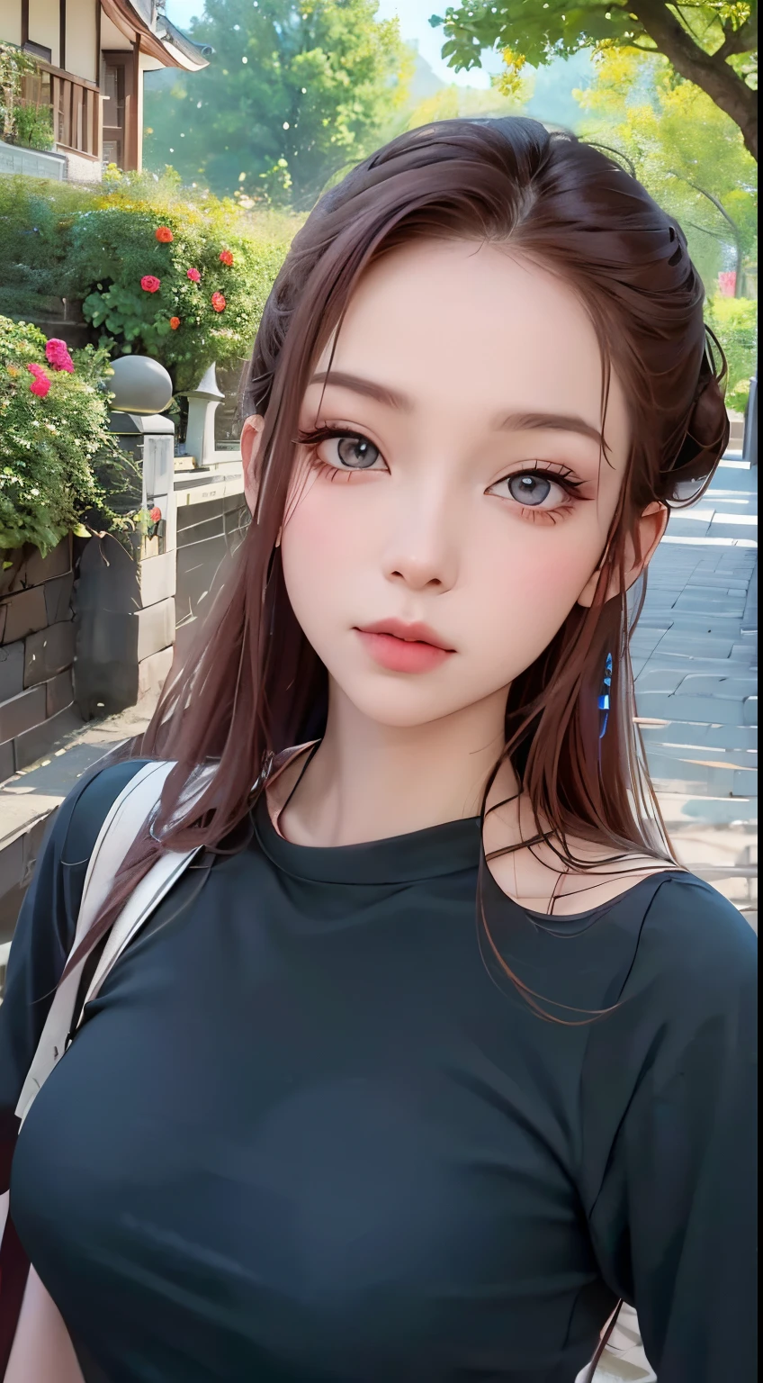 tmasterpiece， Best quality， 8K high resolution，18yo Girl， beauitful face， highdetailskin，red tinted hair， long leges，Bigchest，hyper-detailing， 超高分辨率， realistically， ，lens flare glow， （Top buns：1.5），（Same makeup for both eyes：1.5），It's a perfect face，pull eyes， Detailed lighting， 詳細な目，facelift，putting makeup on，Full body lesbian，Background with，Big gears，Big gears，with blue sky and white clouds，The mountains are full of flowers，The Great Wall of China