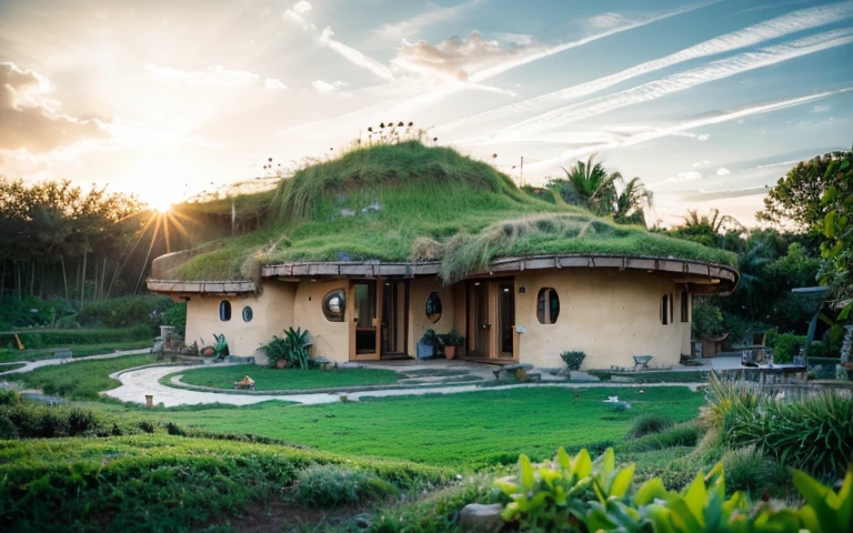 A photograph of a symmetrical a splendid contemporary hobbit house with (((waved green roof))) and (((biological pool))) in a tropical backyard, mustard yellow terracota plaster walls (((rustic clay stucco))), ((corner walls rounded)), ((rustic clay plaster)), (((terracotta walls with rounded corners, organic curves))), (((rustic earth plaster, mud))), (((wave-shaped green roof with wooden edge))), (((wooden roof structure, wooden rake, wooden fascia board))), eaves, porch with wooden pillar, ((roof with wooden structure)), In Bali (((Tropical garden))), ((natural houses, organic buildings, organic architecture)), Ecovillage, sustainable architecture, Bioconstruction architecture, solarpunk architecture, (((grass roof, green roof, green wave roof, rounded roof, vegetated roofs))), ((green architecture)), Passive house, (((Rock Foundation))), Clear sky in the background, painful beauty, modern, imposing, green house, ((Bali hobbit Hadid Style)), super resolution, cinematic, color grading, editorial photography, photography, photo shoot, (((dramatic front eye top angle view))), O 50mm, depth of field, intricate details, natural colors, sharp focus, warm light, shutter speed 1/1000, F/22, White Balance, Ray Trace Reflections, Lumen Reflections, Screen Space Reflections, Diffraction Rating, Chromatic Aberration, GB Shift, Partial Lighting, Backlighting, Daylighting, Scan Lines, ambient occlusion, antialiasing, shaders, OpenGL-Shaders, GLSL-Shaders, Post-processing, post-production, shading, tone mapping, incredibly detailed and complex, hypermaximalist, elegant, hyperrealistic, super detailed, dynamic pose, Fujifilm XT