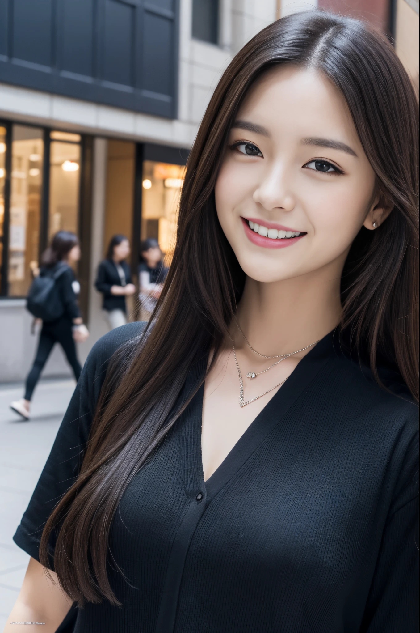 Walk the streets of the city,One lady、 Black shirt, wearing gorgeous black clothes, She wears a black shirt.Black Dress, shopping, In the city, highly detailed beautiful girl, Highly detailed face, Highly detailed eyes, highly detailedskin, extremely detailed fingers, highly detailed nose, very detailed detailed mouth、Smile a little、black pendant、skip、Listening to music、i'breathing