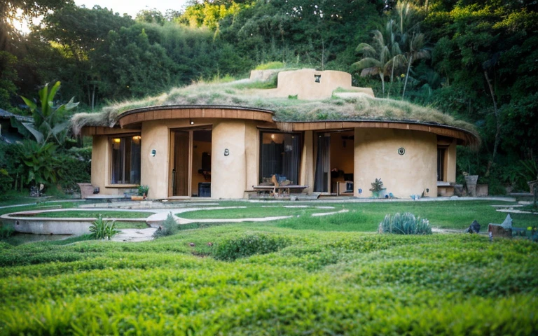 A photograph of a symmetrical a splendid contemporary house with (((waved green roof))) and (((biological pool))) in a tropical backyard, mustard yellow terracota plaster walls (((rustic clay stucco))), ((corner walls rounded)), ((rustic clay plaster)), (((terracotta walls with rounded corners, organic curves))), (((rustic earth plaster, mud))), (((wave-shaped green roof with wooden edge))), (((wooden roof structure, wooden rake, wooden fascia board))), eaves, porch with wooden pillar, ((roof with wooden structure)), In Bali (((Tropical garden))), ((natural houses, organic buildings, organic architecture)), Ecovillage, sustainable architecture, Bioconstruction architecture, solarpunk architecture, (((grass roof, green roof, green wave roof, rounded roof, vegetated roofs))), ((green architecture)), Passive house, (((Rock Foundation))), Clear sky in the background, painful beauty, modern, imposing, green house, ((Bali hobbit Hadid Style)), super resolution, cinematic, color grading, editorial photography, photography, photo shoot, (((dramatic front eye top angle view))), O 50mm, depth of field, intricate details, natural colors, sharp focus, warm light, shutter speed 1/1000, F/22, White Balance, Ray Trace Reflections, Lumen Reflections, Screen Space Reflections, Diffraction Rating, Chromatic Aberration, GB Shift, Partial Lighting, Backlighting, Daylighting, Scan Lines, ambient occlusion, antialiasing, shaders, OpenGL-Shaders, GLSL-Shaders, Post-processing, post-production, shading, tone mapping, incredibly detailed and complex, hypermaximalist, elegant, hyperrealistic, super detailed, dynamic pose, Fujifilm XT