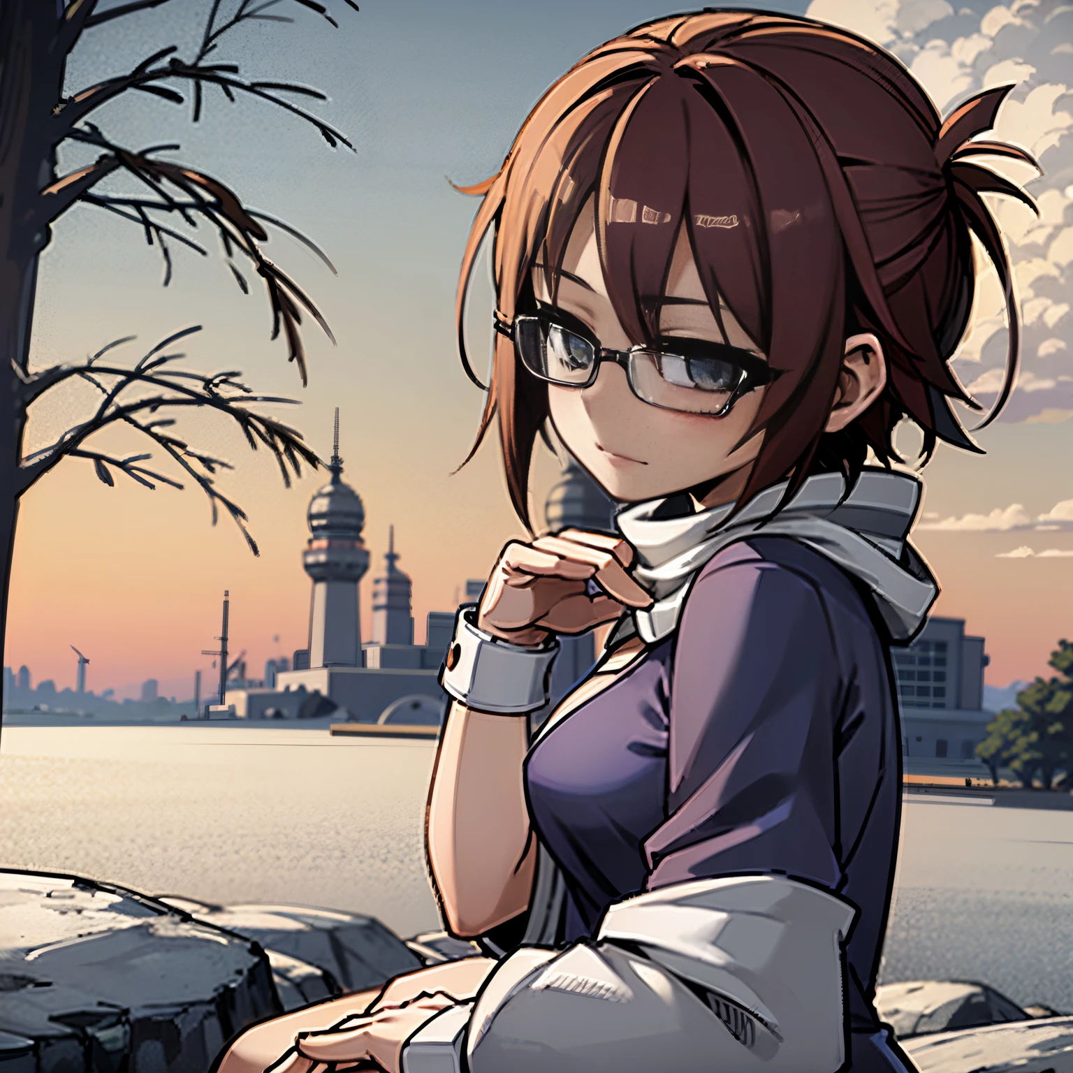 anime girl with glasses sitting on a rock in the snow, anime moe artstyle, Makoto Shinkai ( apex legends ), Makoto Shinkai Estilo de Arte, protagonista feminina :8, Estilo Makoto Shinkai, Digital anime illustration, kantai collection style, Retrato estilo anime, menina anime retrato, arte anime de alta qualidade, Retrato de uma garota de anime