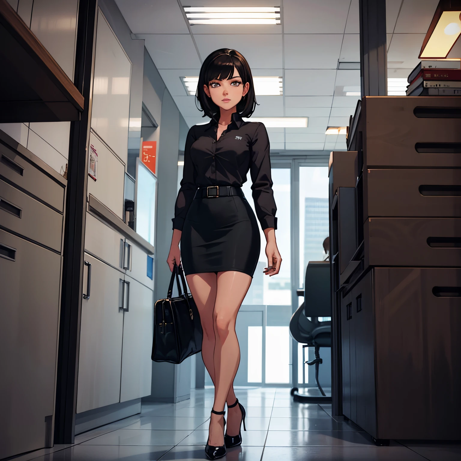 Emily Turner exudes confidence with her short, black hair, complementing her professional attire—a knee-length pencil skirt, a crisp shirt, and stylish heels. Her timeless style and efficient demeanor make her a standout in the corporate world.