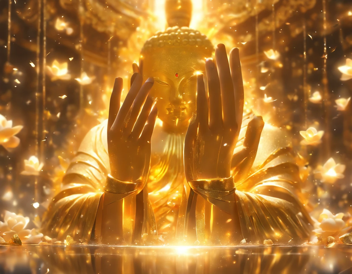 Buddha's hands,Outstretched hand,golden brilliance,Gold and white shades,Ghosting,Gold and silver jewelry,the detail,infinite room,((On a table)),(Best quality at best)),Magnificent space image scene,ultra-realistic realism, super detailing, Acura, Best quality at best, hyper HD, On a table, Anatomically correct, A high resolution, 16k