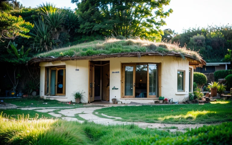 A photograph of a symmetrical contemporary house with (((one waved green roof))) and (((biological pool))) in a tropical backyard, mustard yellow terracota plaster walls (((rustic clay stucco))), ((corner walls rounded)), ((rustic clay plaster)), (((terracotta walls with rounded corners, organic curves))), (((rustic earth plaster, mud))), (((wave-shaped green roof with wooden edge))), (((wooden roof structure, wooden rake, wooden fascia board))), eaves, porch with wooden pillar, ((roof with wooden structure)), In Bali (((Tropical garden))), ((natural houses, organic buildings, organic architecture)), Ecovillage, sustainable architecture, Bioconstruction architecture, solarpunk architecture, (((grass roof, green roof, green wave roof, rounded roof, vegetated roofs))), ((green architecture)), Passive house, (((Rock Foundation))), Clear sky in the background, painful beauty, modern, imposing, green house, ((Bali hobbit Hadid Style)), super resolution, cinematic, color grading, editorial photography, photography, photo shoot, (((dramatic front eye top angle view))), O 50mm, depth of field, intricate details, natural colors, sharp focus, warm light, shutter speed 1/1000, F/22, White Balance, Ray Trace Reflections, Lumen Reflections, Screen Space Reflections, Diffraction Rating, Chromatic Aberration, GB Shift, Partial Lighting, Backlighting, Daylighting, Scan Lines, ambient occlusion, antialiasing, shaders, OpenGL-Shaders, GLSL-Shaders, Post-processing, post-production, shading, tone mapping, incredibly detailed and complex, hypermaximalist, elegant, hyperrealistic, super detailed, dynamic pose, Fujifilm XT