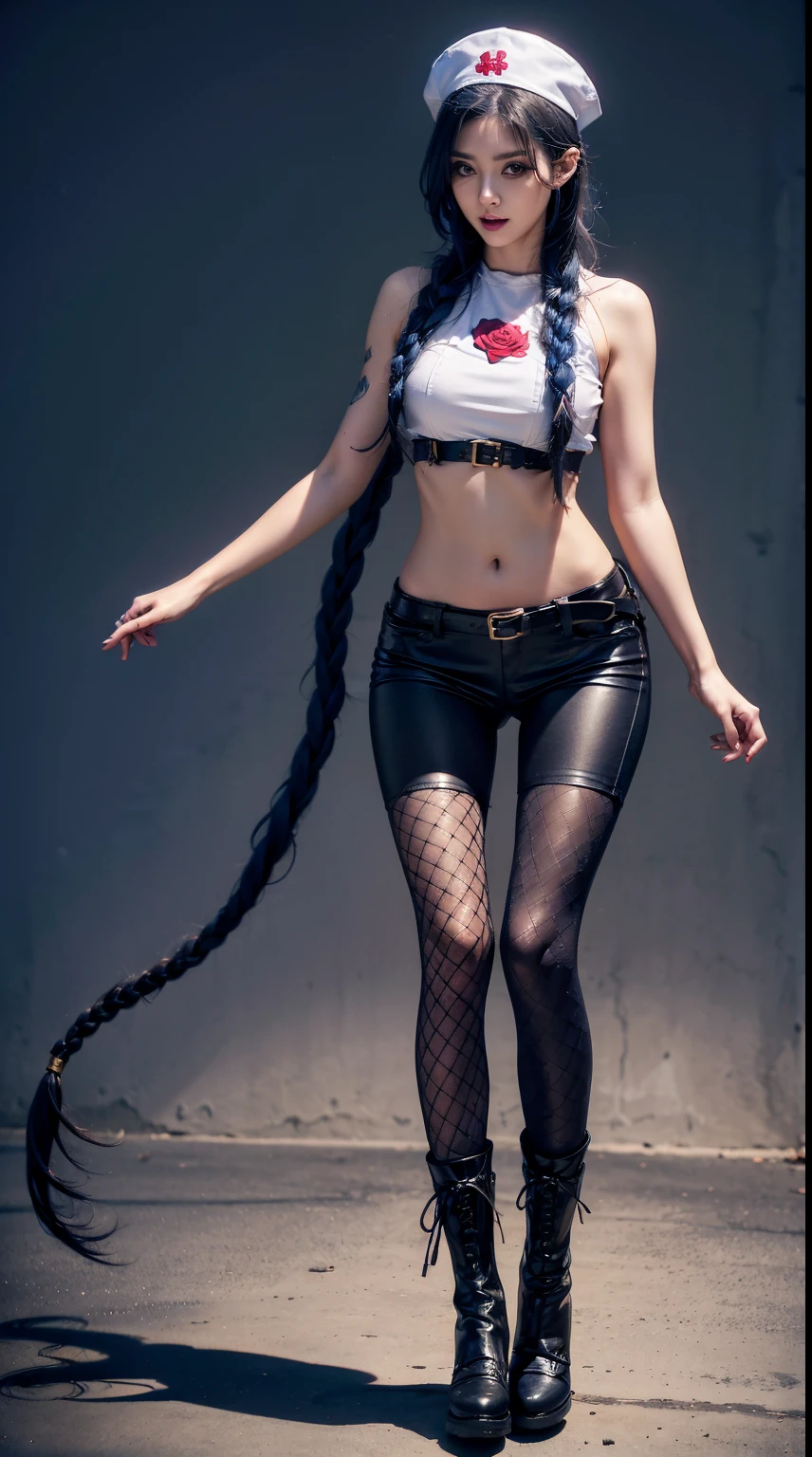 Jinx nurse，nurse hat，(White nurse costume)，red rose tattoo，Blue twist braid，Runaway Lori，League of Legends ，full bodyesbian，(kneehigh boots)),(fishnet leggings),(standing on your feet)，The background is the city street，There is a sense of danger and intensity。