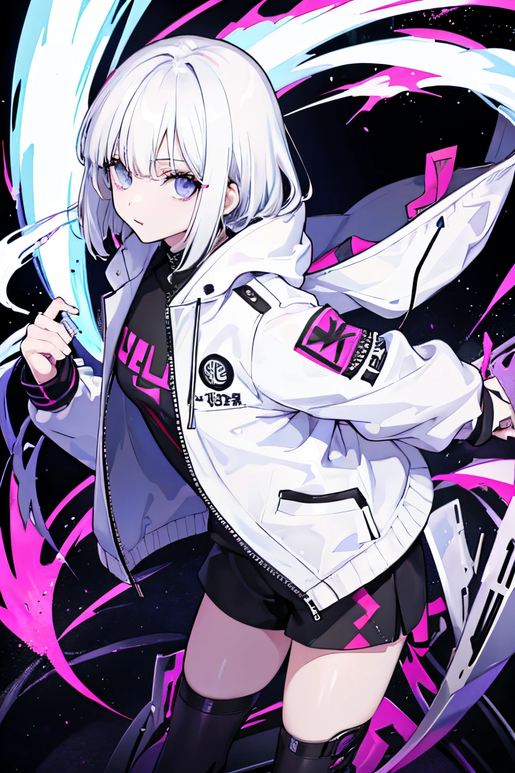 white hair、a matural female, jaket, Cool, Standing Pose、 adult lady, A sexy, Emo, dynamicposes