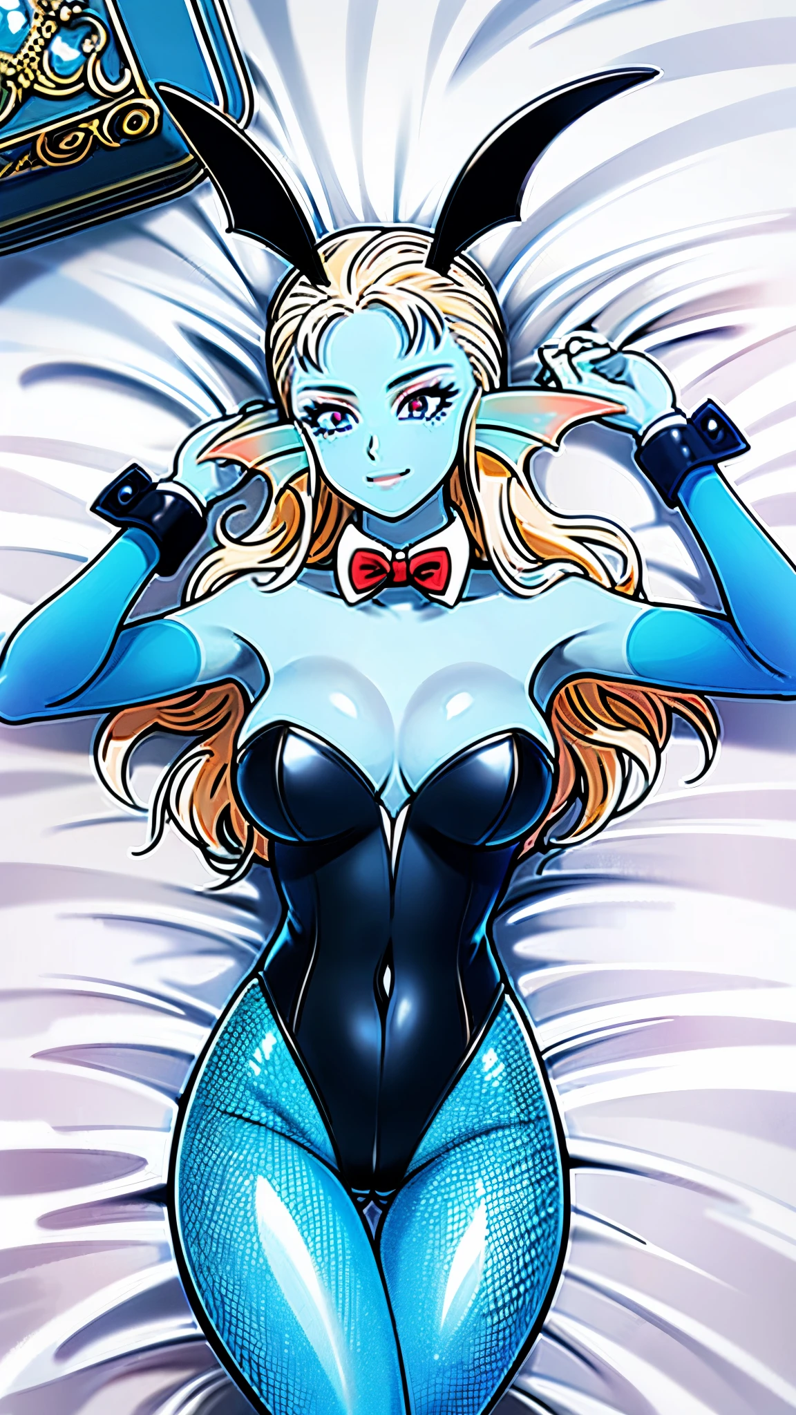 8K, high quality, married, beautiful, bright, eye highlights, sexy, erotic, beautiful line drawing, light blue skin, blue and orange gradient ear fins, bunny girl, bunny suit, net tights on legs, lying on bed,