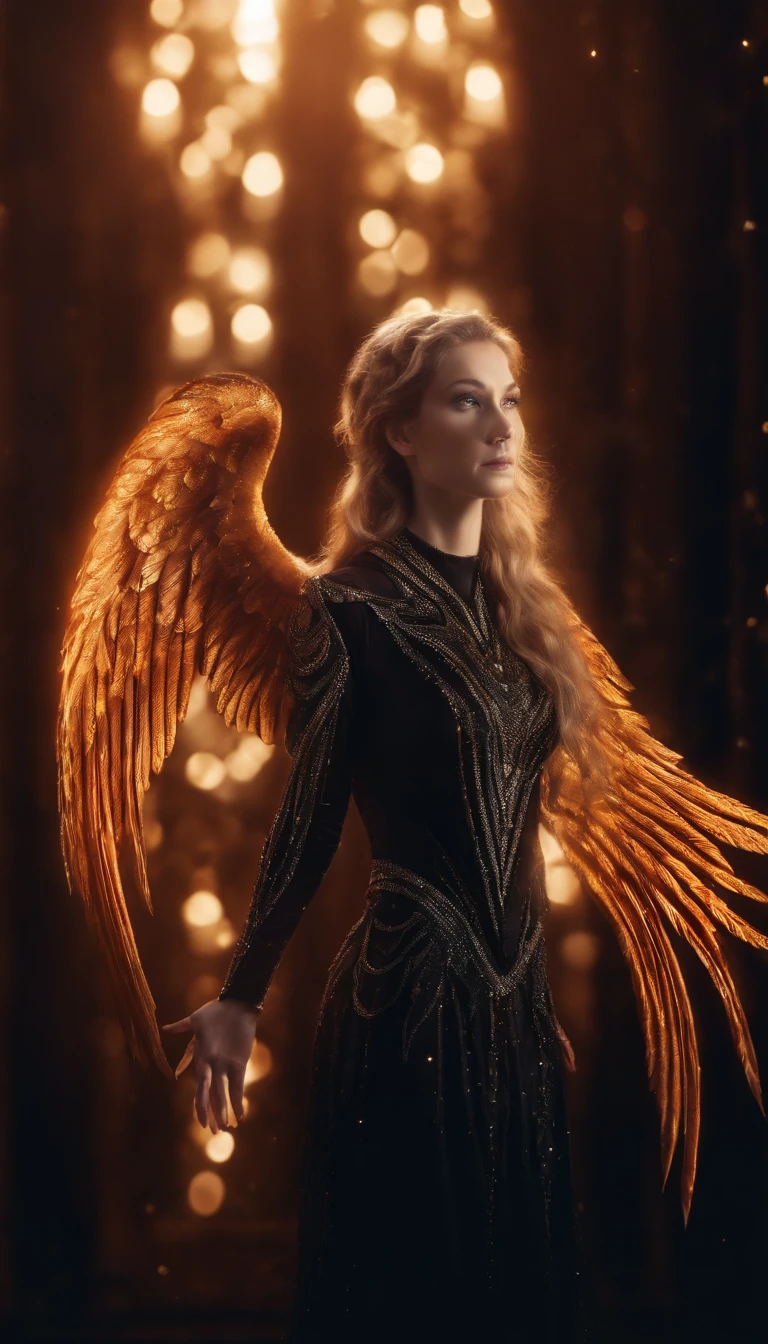 Cosmic Fallen Angel, Bright and clear eyes, Biomechanicals, the strange, fearsome, nightmare, The colors are very vivid, Light particles, There is bright light, Mshiv, wallpaper art, ultra HD wallpaper,natta,with black background,The light from the rear window is backlit