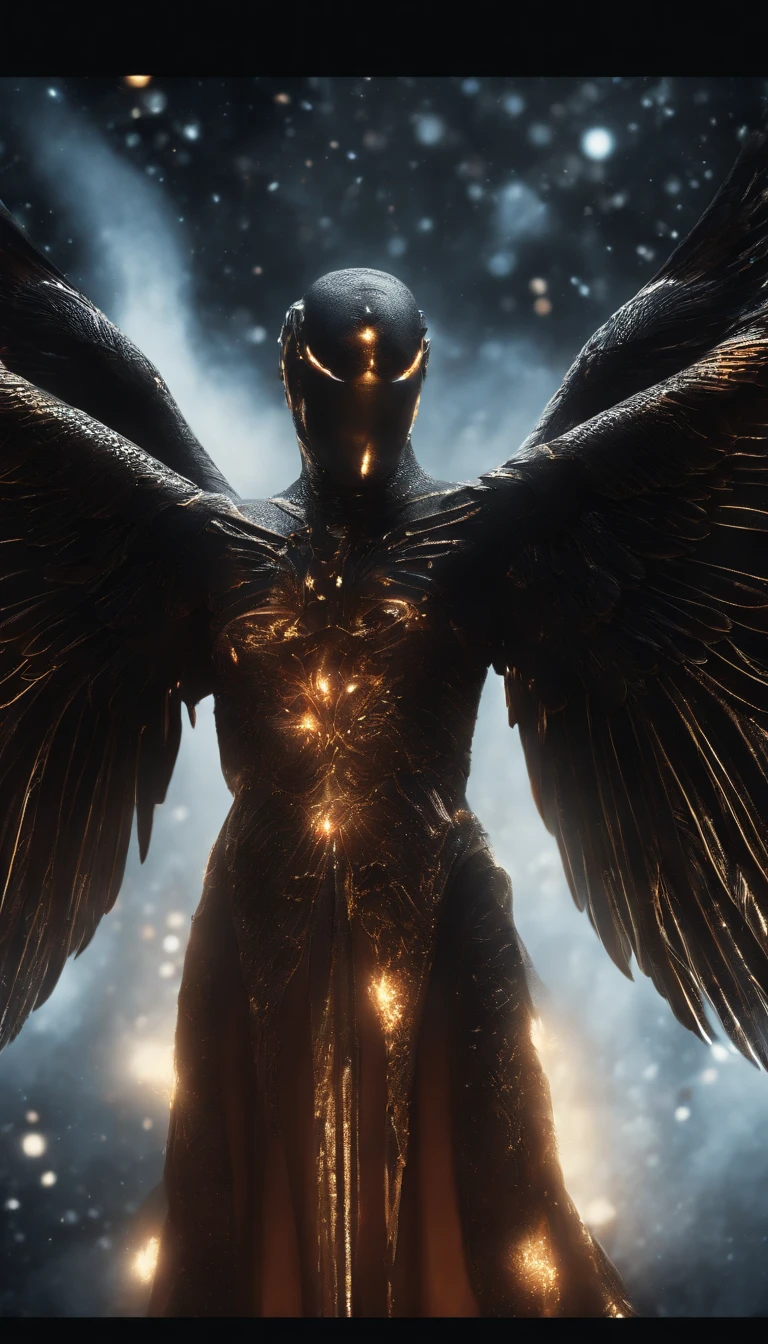 Cosmic Fallen Angel, Bright and clear eyes, Biomechanicals, the strange, fearsome, nightmare, The colors are very vivid, Light particles, There is bright light, Mshiv, wallpaper art, ultra HD wallpaper,natta,with black background,The light from the rear window is backlit