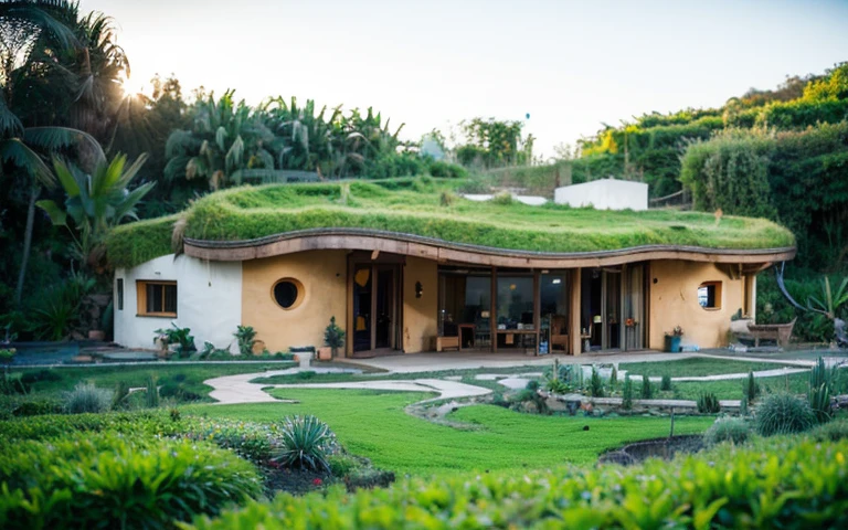 A photograph of a symmetrical a splendid contemporary hobbit house with (((waved green roof))) and (((biological pool))) in a tropical backyard, mustard yellow terracota plaster walls (((rustic clay stucco))), ((corner walls rounded)), ((rustic clay plaster)), (((terracotta walls with rounded corners, organic curves))), (((rustic earth plaster, mud))), (((wave-shaped green roof with wooden edge))), (((wooden roof structure, wooden rake, wooden fascia board))), eaves, porch with wooden pillar, ((roof with wooden structure)), In Bali (((Tropical garden))), ((natural houses, organic buildings, organic architecture)), Ecovillage, sustainable architecture, Bioconstruction architecture, solarpunk architecture, (((grass roof, green roof, green wave roof, rounded roof, vegetated roofs))), ((green architecture)), Passive house, (((Rock Foundation))), Clear sky in the background, painful beauty, modern, imposing, green house, ((Bali hobbit Hadid Style)), super resolution, cinematic, color grading, editorial photography, photography, photo shoot, (((dramatic front eye top angle view))), O 50mm, depth of field, intricate details, natural colors, sharp focus, warm light, shutter speed 1/1000, F/22, White Balance, Ray Trace Reflections, Lumen Reflections, Screen Space Reflections, Diffraction Rating, Chromatic Aberration, GB Shift, Partial Lighting, Backlighting, Daylighting, Scan Lines, ambient occlusion, antialiasing, shaders, OpenGL-Shaders, GLSL-Shaders, Post-processing, post-production, shading, tone mapping, incredibly detailed and complex, hypermaximalist, elegant, hyperrealistic, super detailed, dynamic pose, Fujifilm XT