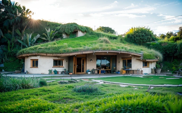 A photograph of a symmetrical a splendid contemporary hobbit house with (((waved green roof))) and (((biological pool))) in a tropical backyard, mustard yellow terracota plaster walls (((rustic clay stucco))), ((corner walls rounded)), ((rustic clay plaster)), (((terracotta walls with rounded corners, organic curves))), (((rustic earth plaster, mud))), (((wave-shaped green roof with wooden edge))), (((wooden roof structure, wooden rake, wooden fascia board))), eaves, porch with wooden pillar, ((roof with wooden structure)), In Bali (((Tropical garden))), ((natural houses, organic buildings, organic architecture)), Ecovillage, sustainable architecture, Bioconstruction architecture, solarpunk architecture, (((grass roof, green roof, green wave roof, rounded roof, vegetated roofs))), ((green architecture)), Passive house, (((Rock Foundation))), Clear sky in the background, painful beauty, modern, imposing, green house, ((Bali hobbit Hadid Style)), super resolution, cinematic, color grading, editorial photography, photography, photo shoot, (((dramatic front eye top angle view))), O 50mm, depth of field, intricate details, natural colors, sharp focus, warm light, shutter speed 1/1000, F/22, White Balance, Ray Trace Reflections, Lumen Reflections, Screen Space Reflections, Diffraction Rating, Chromatic Aberration, GB Shift, Partial Lighting, Backlighting, Daylighting, Scan Lines, ambient occlusion, antialiasing, shaders, OpenGL-Shaders, GLSL-Shaders, Post-processing, post-production, shading, tone mapping, incredibly detailed and complex, hypermaximalist, elegant, hyperrealistic, super detailed, dynamic pose, Fujifilm XT