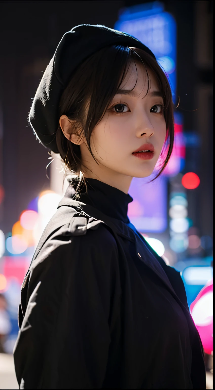 Beautiful woman medium hair, wearing cap, cyberpunk style short clothes