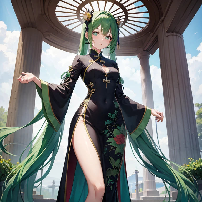 Little girl, standing holding fan, In place dragon Statue, little smile expression, wearing a green China short dress, heels, Beautiful eyes, perfect face, full body, masterpiece