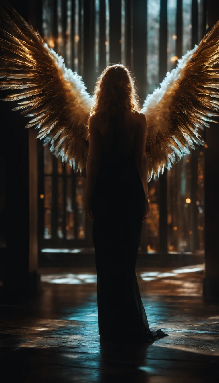 Cosmic Fallen Angel, Bright and clear eyes, Biomechanicals, the strange, fearsome, nightmare, The colors are very vivid, Light particles, There is bright light, Mshiv, wallpaper art, ultra HD wallpaper,natta,with black background,The light from the rear window is backlit