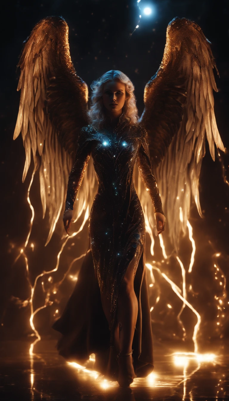 Cosmic Fallen Angel, Bright and clear eyes, Biomechanicals, the strange, fearsome, nightmare, The colors are very vivid, Light particles, There is bright light, Mshiv, wallpaper art, ultra HD wallpaper，natta，with black background，The light from the rear window is backlit