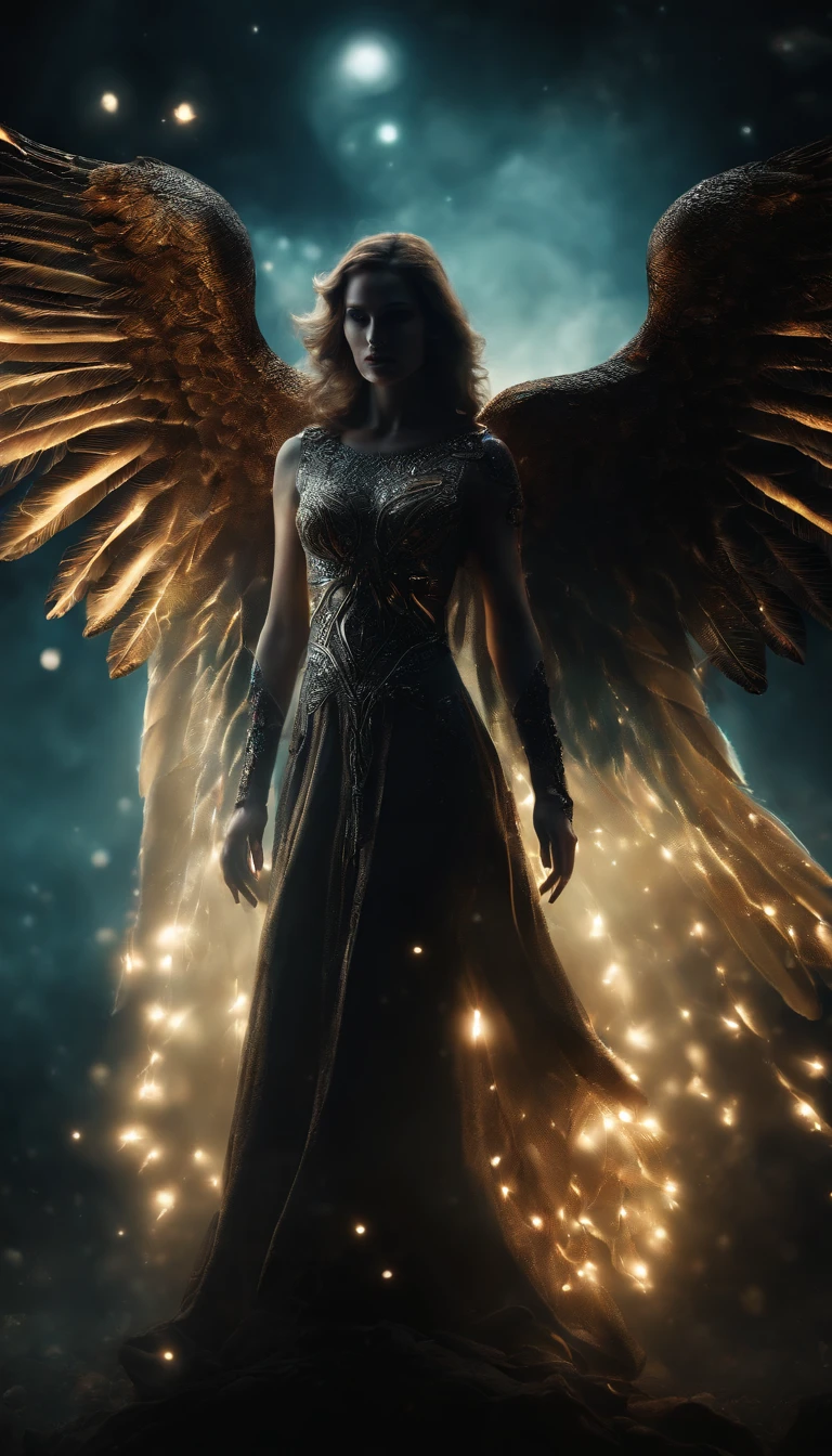 Cosmic Fallen Angel, Bright and clear eyes, Biomechanicals, the strange, fearsome, nightmare, The colors are very vivid, Light particles, There is bright light, Mshiv, wallpaper art, ultra HD wallpaper,natta,with black background,The light from the rear window is backlit