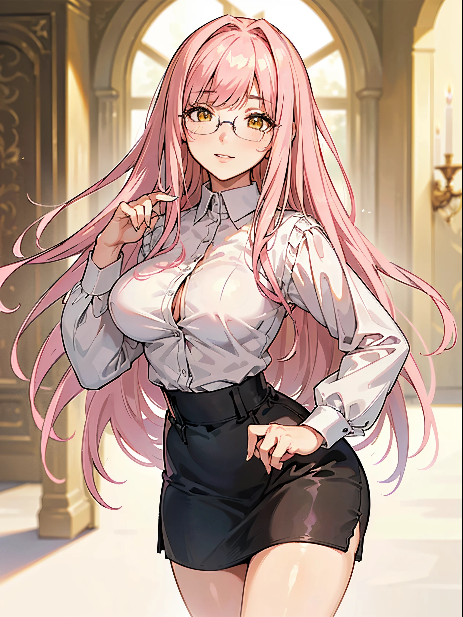 SFW (masterpiece, best quality, 32k) a youthful teenage girl with long pink hair ((pastel pink hair, bangs, diagonal bangs, straight bangs, thick hair)), ((yellow eyes)), ((youthful face, beautiful face, cute face, sexy face)), pale skin, walking, standing medieval castle, dark, castle, castle interior, castle corridor. 90s clothes, 90s outfit, ((white blouse, button-up blouse, long-sleeve blouse, fully buttoned blouse, taut blouse, button gap, bursting breasts)), ((pencil skirt, black skirt, tight skirt, taut skirt)), ((pantyhose:1.2)), ((glasses:1.2)), teacher, professor, ((large breasts:1.5)), ((slim:1.1, lithe:1.2, slender:1.1, thin:1.1, busty:1.2, buxom:1.1)), ((long legs, slender legs, thick thighs)), small smile ((full lips)), happy expression, bright expression, sunny expression, open eyes, large eyes, expressive eyes, head-to-waist portrait, cinematics, color oil painting, cinematic lighting, ((extremely detailed face)), ((finely detailed face)), Extremely detailed eyes, finely detailed eyes, beautiful face, beautiful eyes, perfect lighting, depth of field, (realistic proportions), (good anatomy), (solo), (1girl)