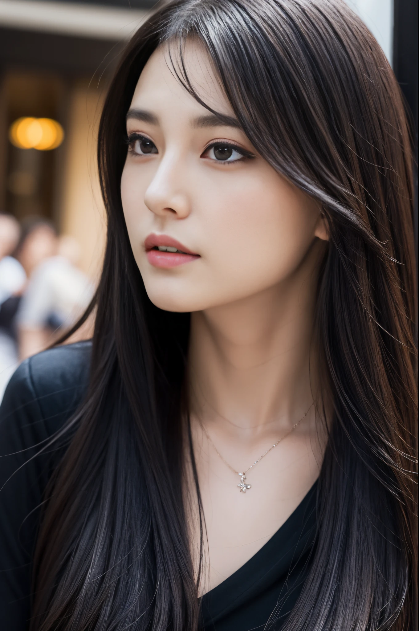 Walk the streets of the city,One lady、 Black shirt, wearing gorgeous black clothes, She wears a black shirt.Black Dress, shopping, In the city, highly detailed beautiful girl, Highly detailed face, Highly detailed eyes, highly detailedskin, extremely detailed fingers, highly detailed nose, very detailed detailed mouth、black pendant
