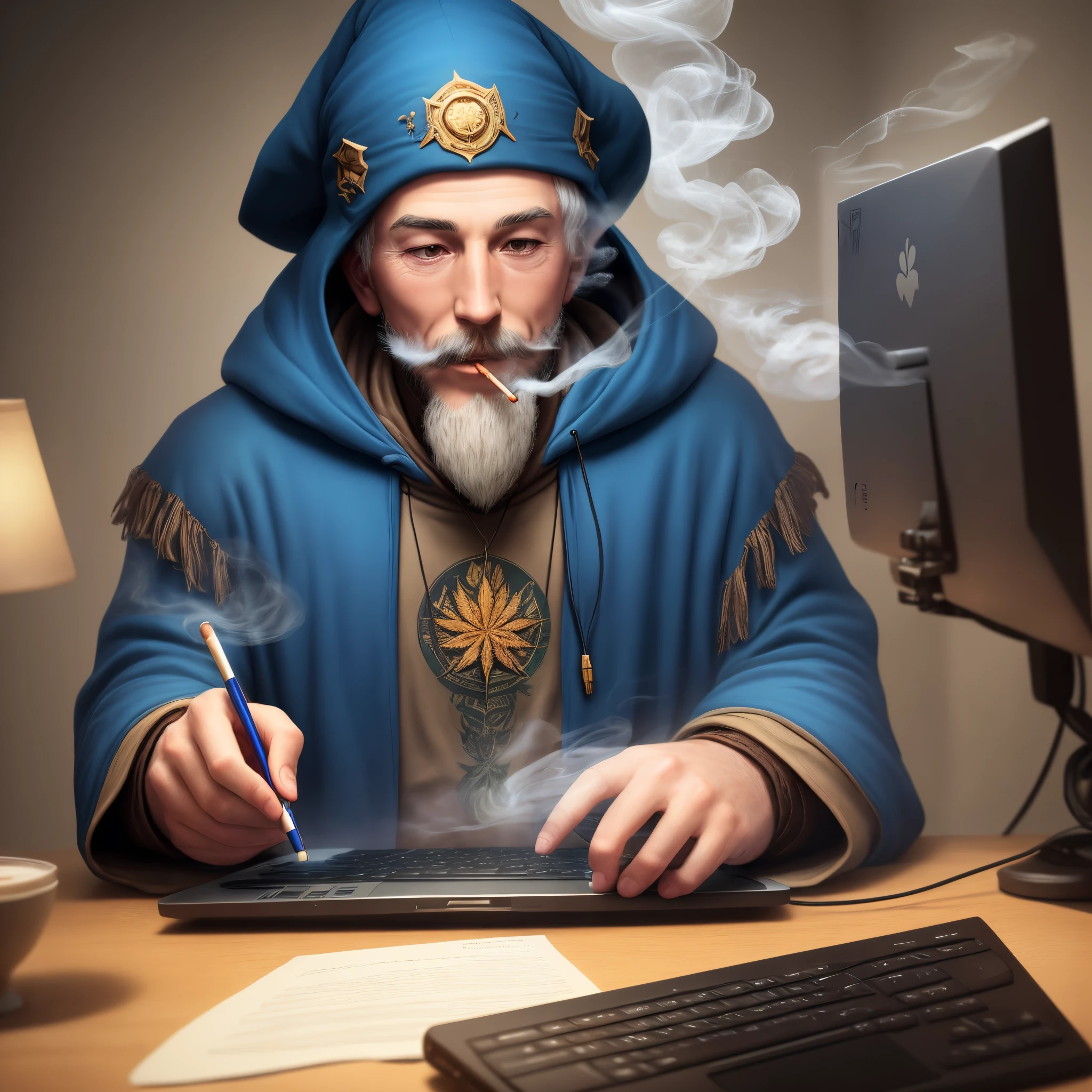 Wizard using computer while smoking weed