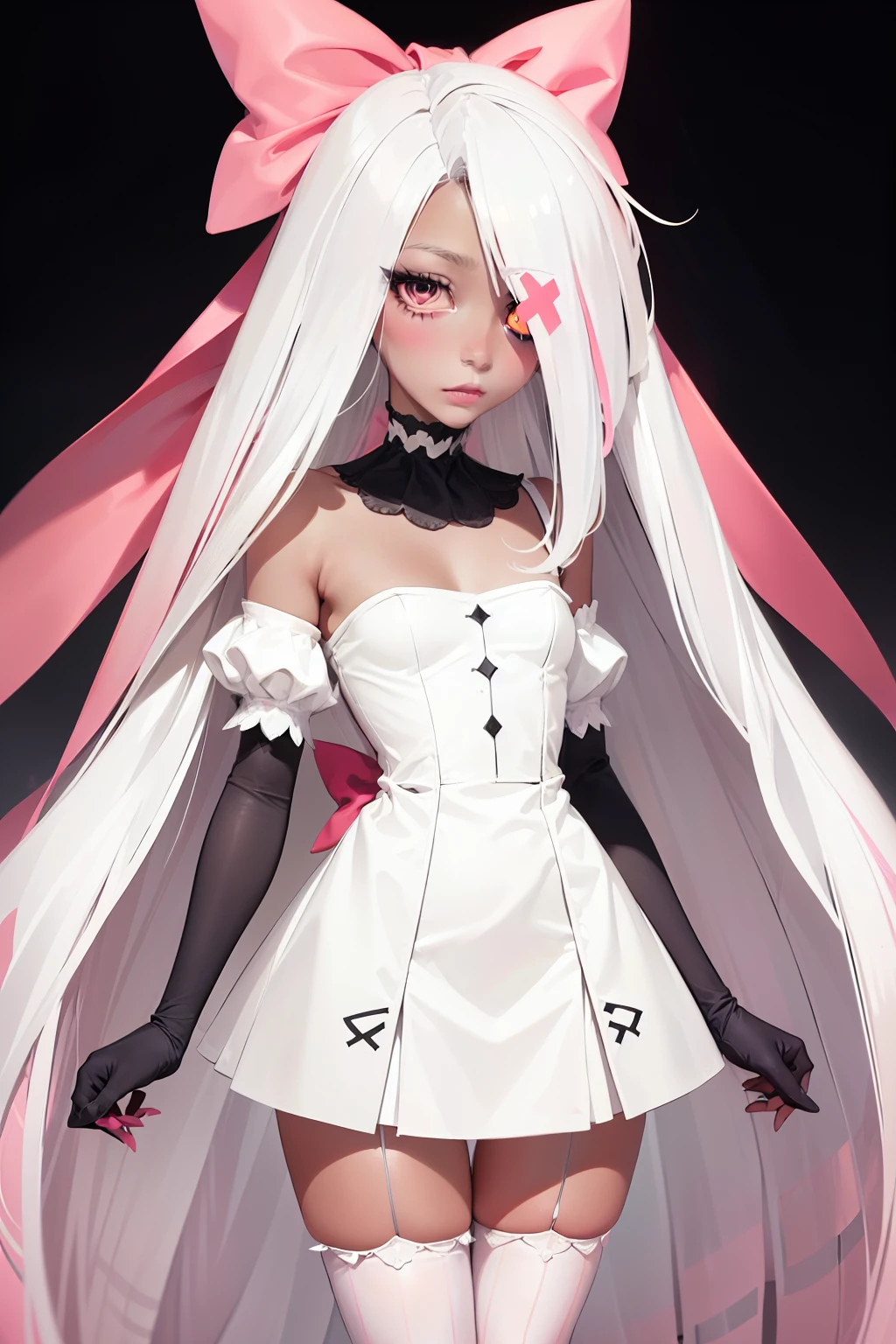 Vaggie, 1girl, gray skin, white hair, pink sclera, yellow pupils, long hair, white dress, pink and white striped stockings, hair bow, long gloves, perfect anatomy, solo