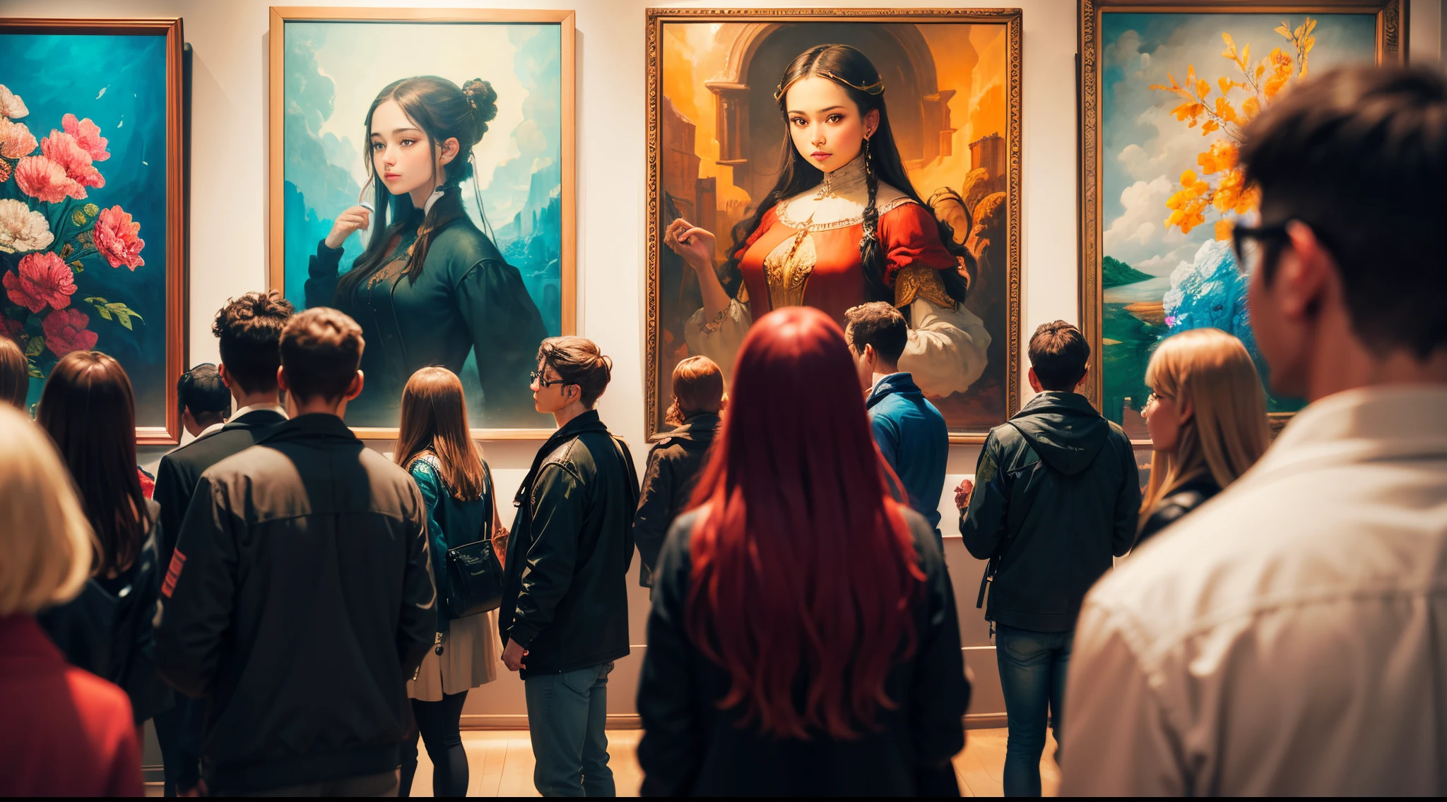 In a brightly lit gallery filled with brightly colored paintings, crowds gather around the exhibits. --auto --s2