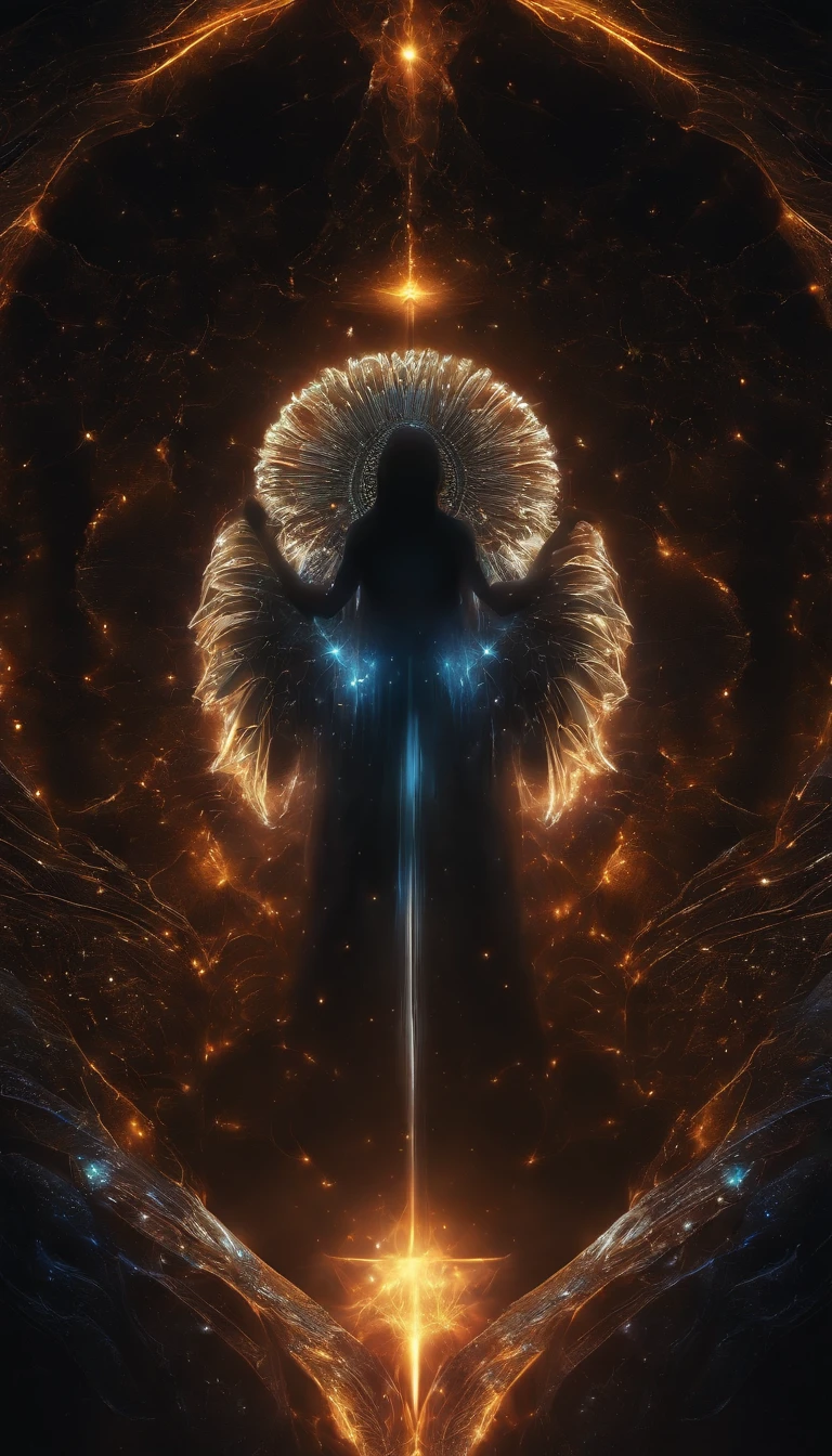 Cosmic Fallen Angel, Bright and clear eyes, Biomechanicals, the strange, fearsome, nightmare, The colors are very vivid, Light particles, There is bright light, Mshiv, wallpaper art, ultra HD wallpaper,natta,with black background,The light from the rear window is backlit