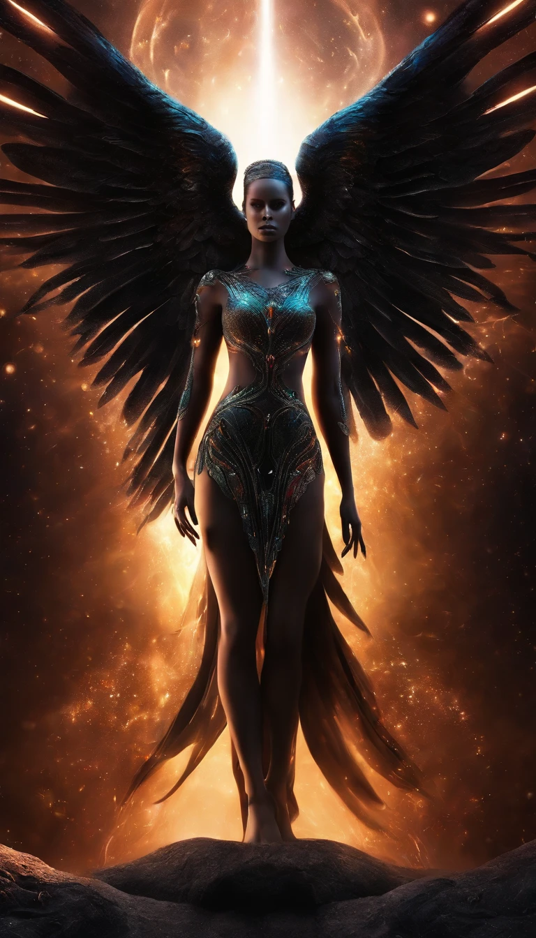 (best quality,4k,8k,highres,masterpiece:1.2),ultra-detailed,(realistic,photorealistic,photo-realistic:1.37),Cosmic Fallen Angel,black wings,Ebony skin,glowing light eyes,Biomechanical,eerie,Creepy,nightmarish,Very bright colors,Light particles,with light glowing,Mshiv,wallpaper art,UHD wallpaper