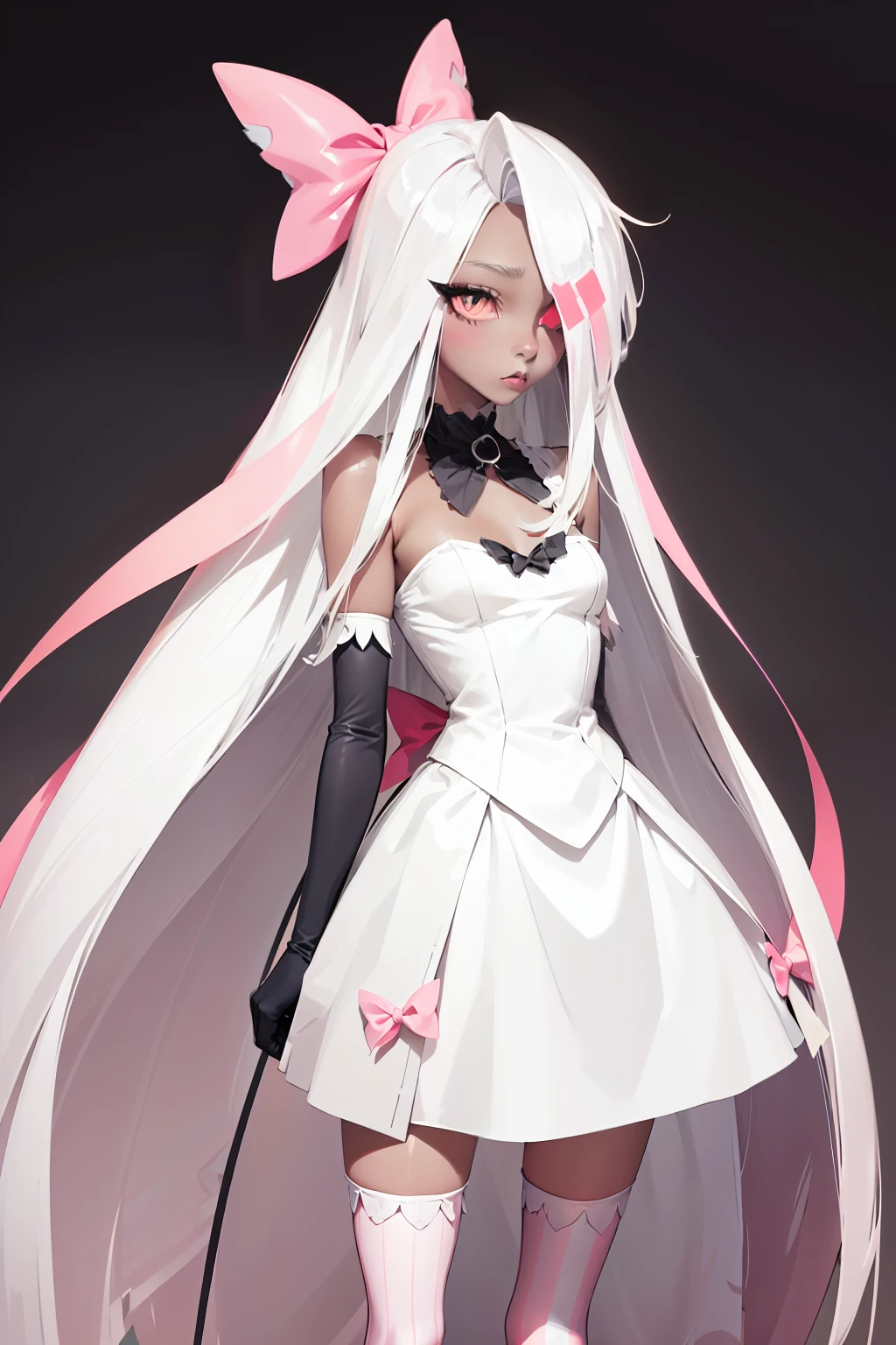 Vaggie, 1girl, gray skin, white hair, pink sclera, yellow pupils, long hair, white dress, pink and white striped stockings, hair bow, long gloves, perfect anatomy, solo