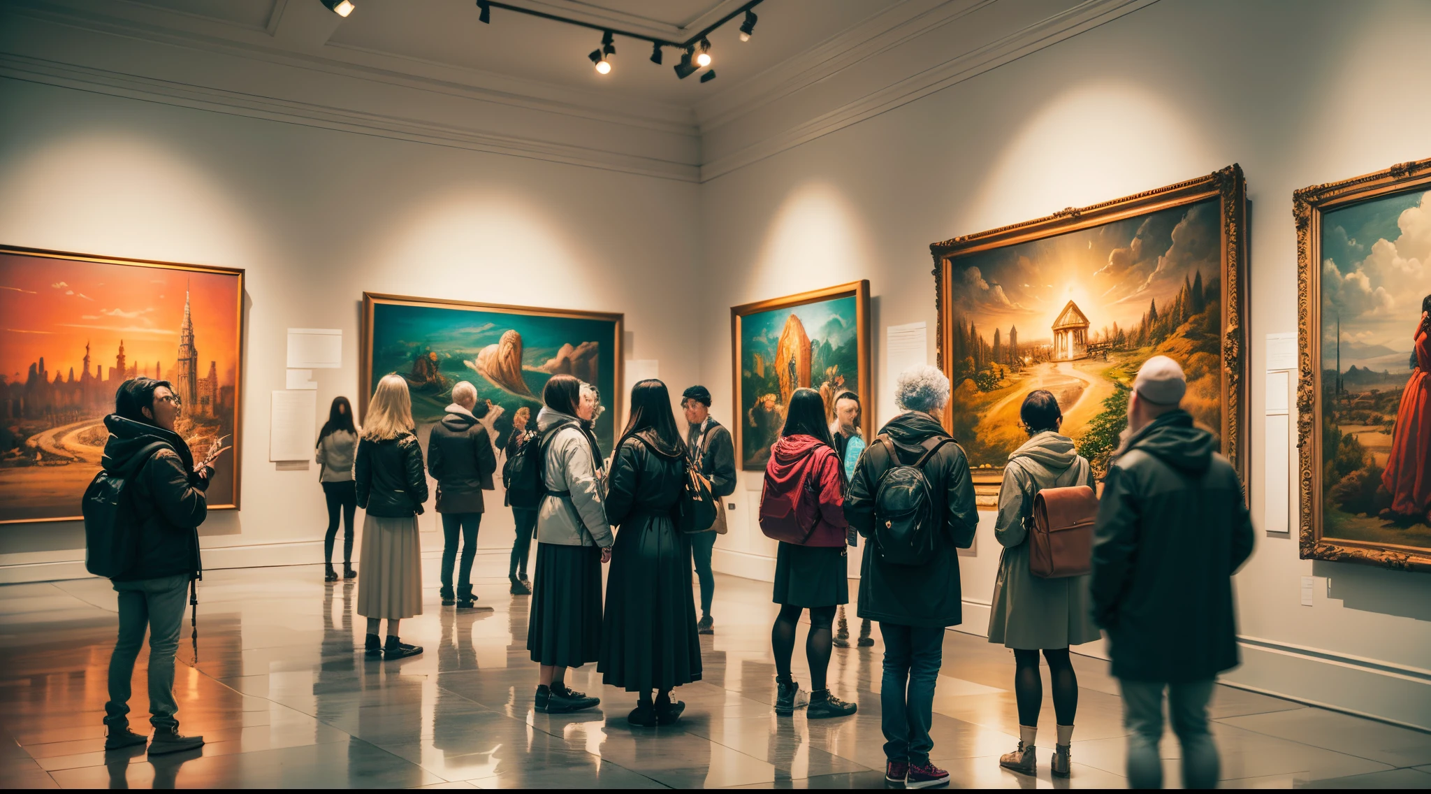 In a brightly lit gallery filled with brightly colored paintings, crowds gather around the exhibits. --auto --s2