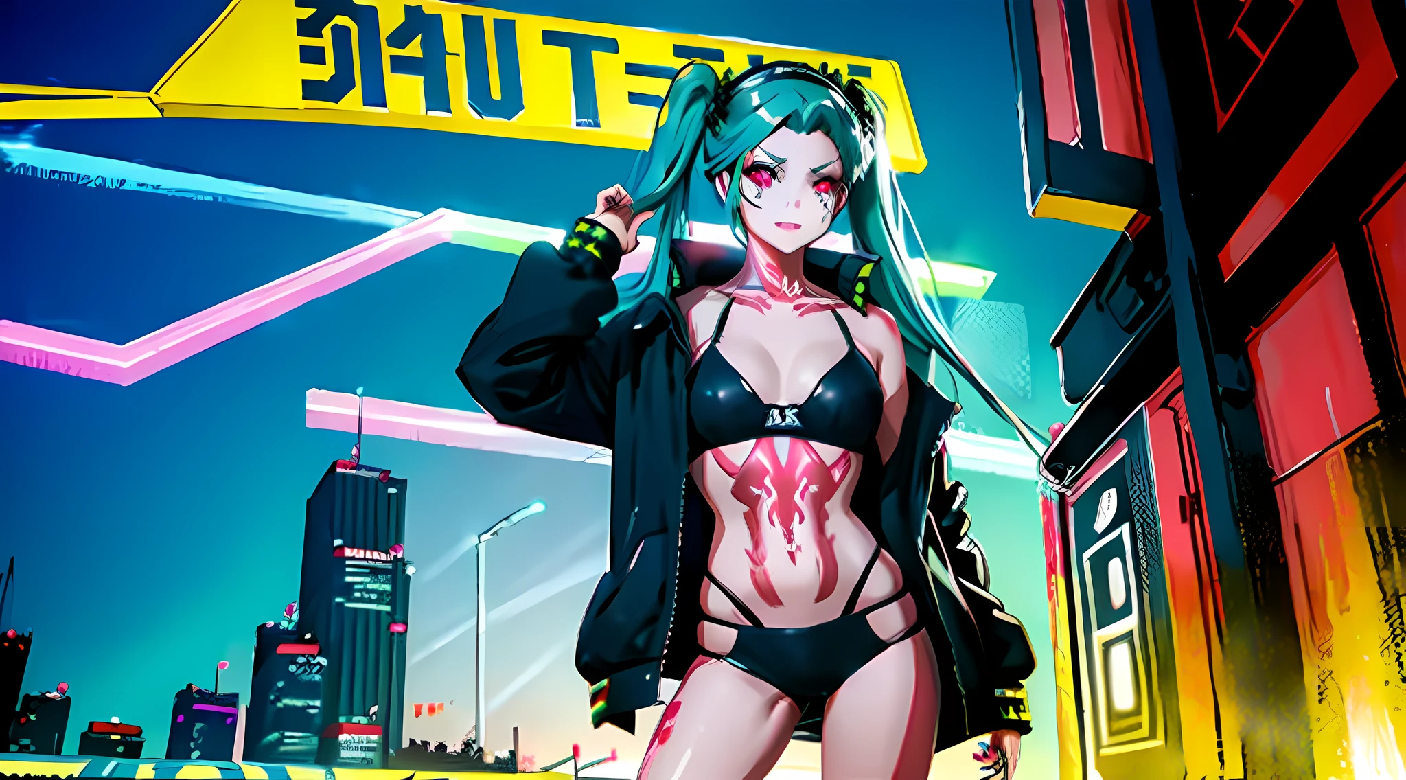 rebecca_in_Cyberpunk,best quality, good anatomy, cowboy shot, close-up, aqua twintails, aqua long hair, mechanical eyes, ((red sclera)), ((green pupils)), open jacket, black jacket, black bra, black panties, neck tattoo, stomach tattoo, leg tattoo, bare legs, upper body, outdoors, cyberpunk,neon trim, neon lights, streets, tall buildings,