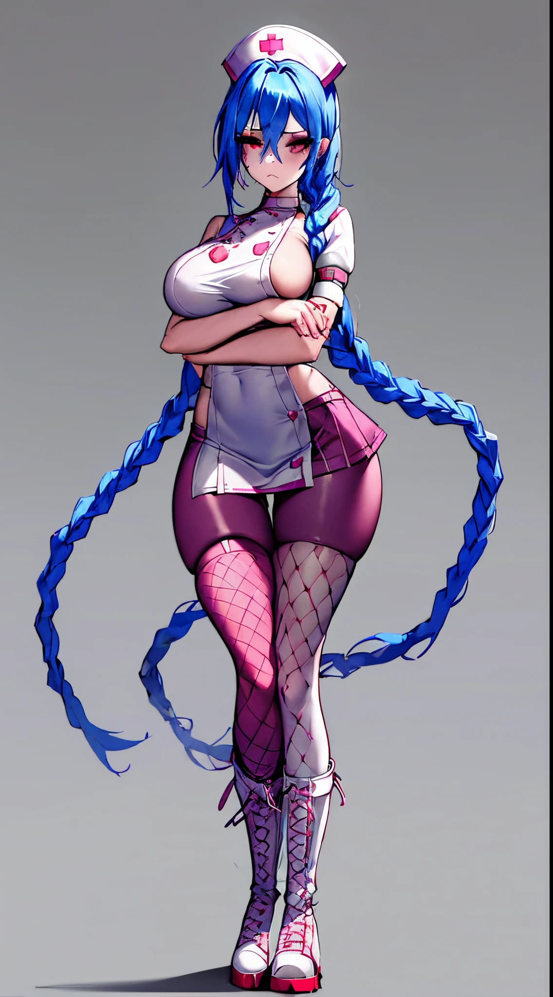 Jinx nurse,nurse hat,(White nurse costume),red rose tattoo,Blue twist braid,Runaway Lori,League of Legends ,full bodyesbian,(kneehigh boots)),(fishnet leggings),(standing on your feet),The background is the city street,There is a sense of danger and intensity。