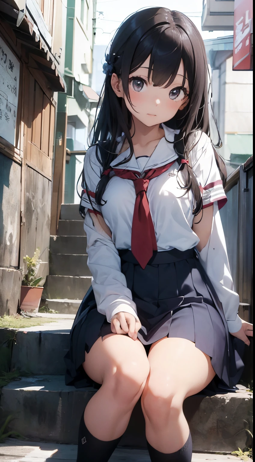 1girl in、A smile、The shirt、skirt by the、（small tits）Chilarism、Japan High School Student Uniform、serafuku、summer clothing、Squall Drenched Uniform、（Sheer Bra）、Upper body portrait、light cream hair、Squatting panchira、