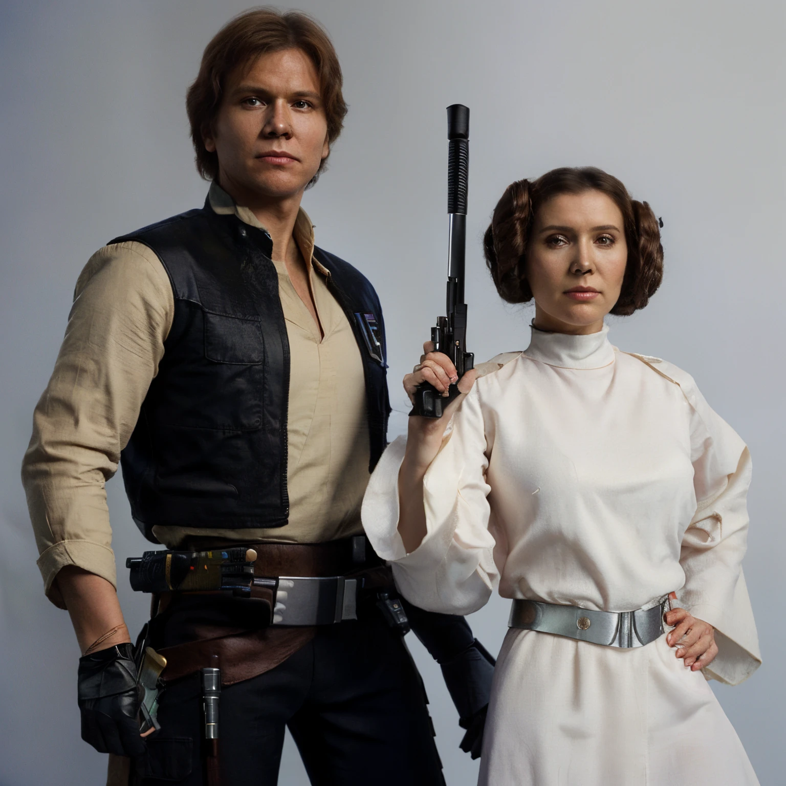 A man and a woman, Han Solo and Princess Leia, poised for action, dressed in star wars costumes, holding a gun, princess leia, close up high detailed, closeup detailed, high detail shot, incredibly realistic, a hyper realistic, single image, han solo, princess leia, medium close-up shot, very very high detailed, star, super highly detailed