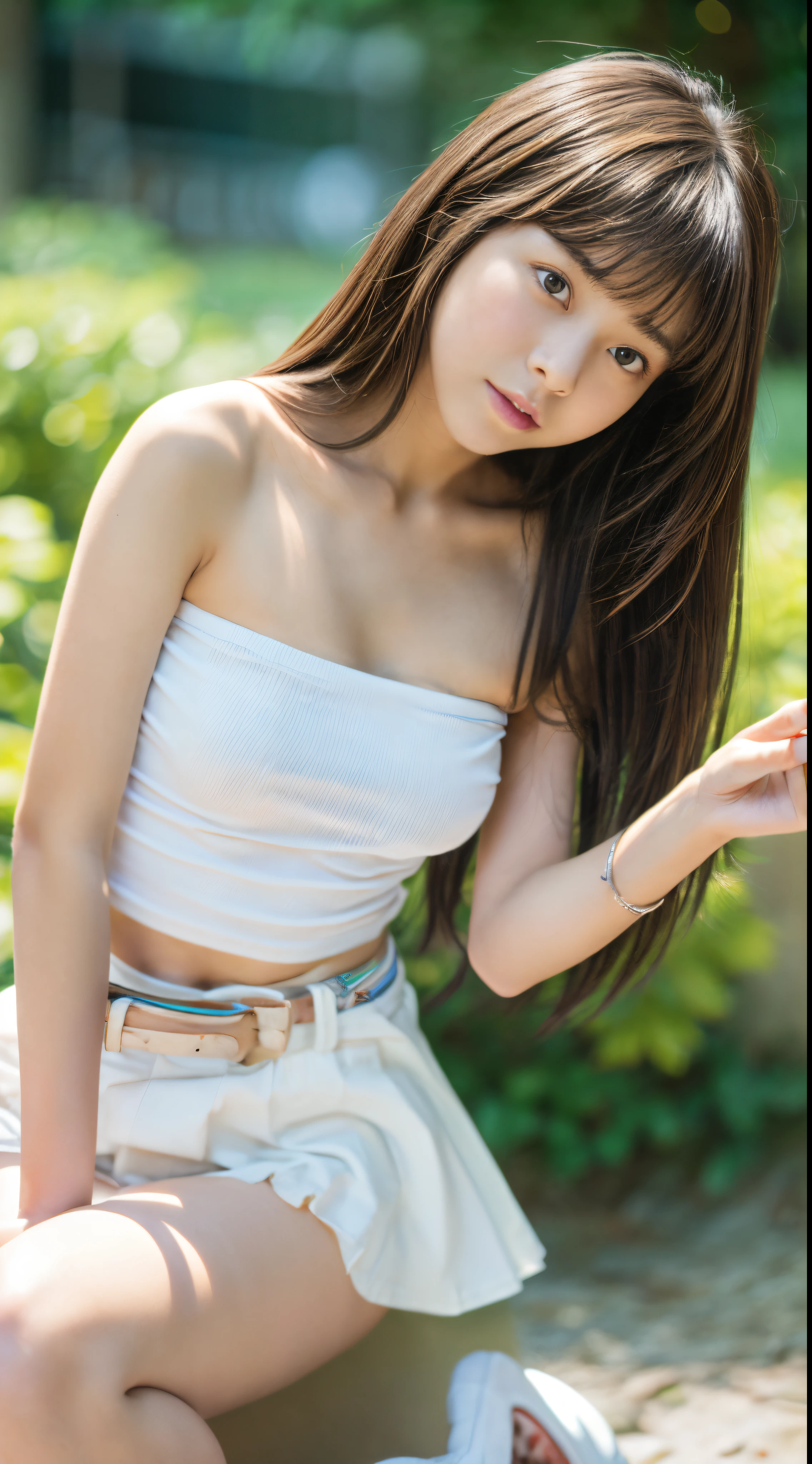 1womanl,Brown hair, japanes,((a junior high school student)),Beautiful breasts,((White Tube Top T-Shirt,falda corta)),slender style,,(Facing the front)((()),(())),((( Portrait on the knee))),,((()))(())