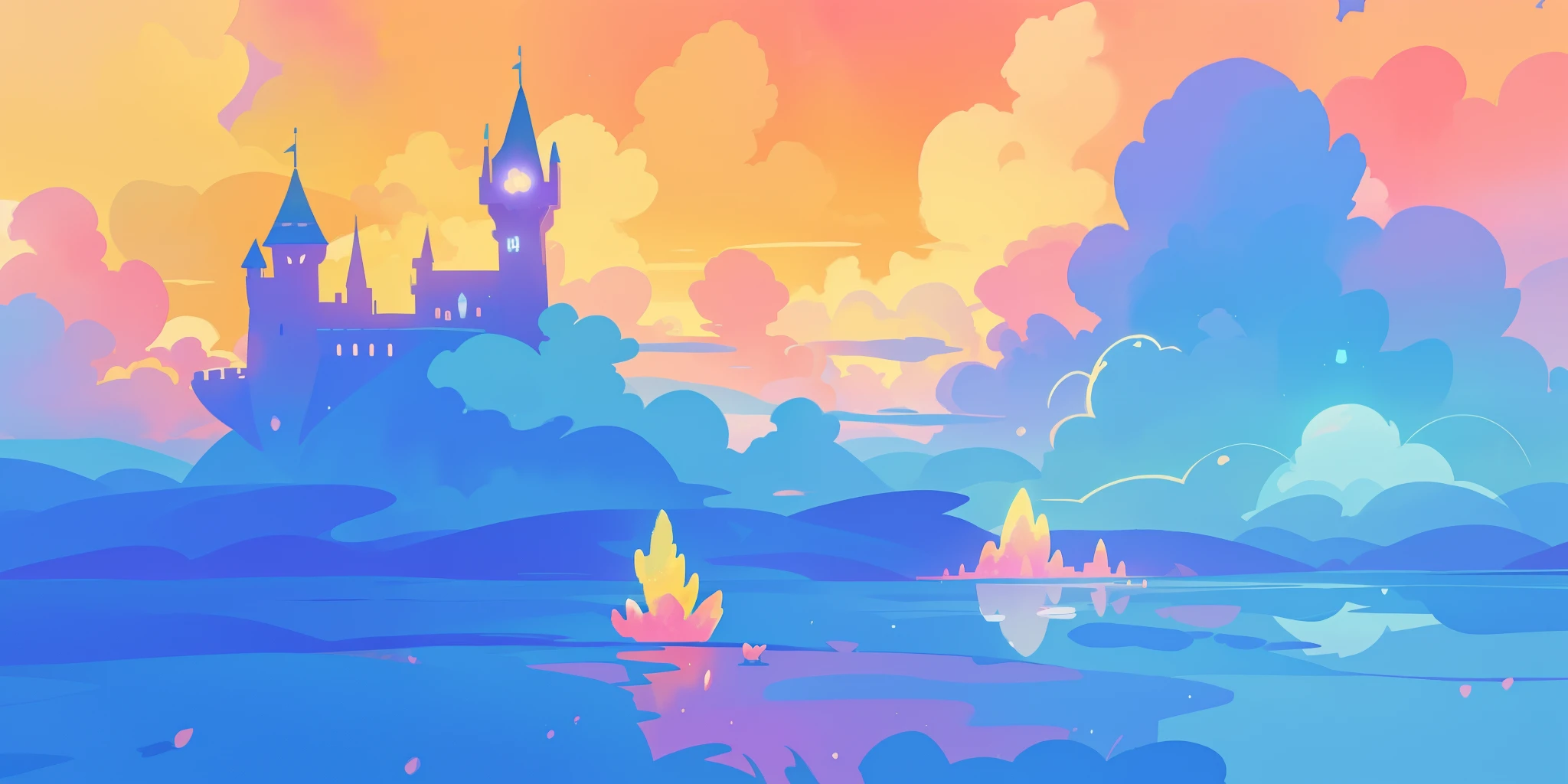 beautiful fantasy landscape, vibrant colors, (((otherworldly landscape))), whimsical landscape, cloud castle, huge clouds, ocean of clouds, watercolor illustration, disney art style, glowing lights, beautiful digital illustration, fantasia otherworldly landscape plants flowers, beautiful, masterpiece, best quality, anime disney style