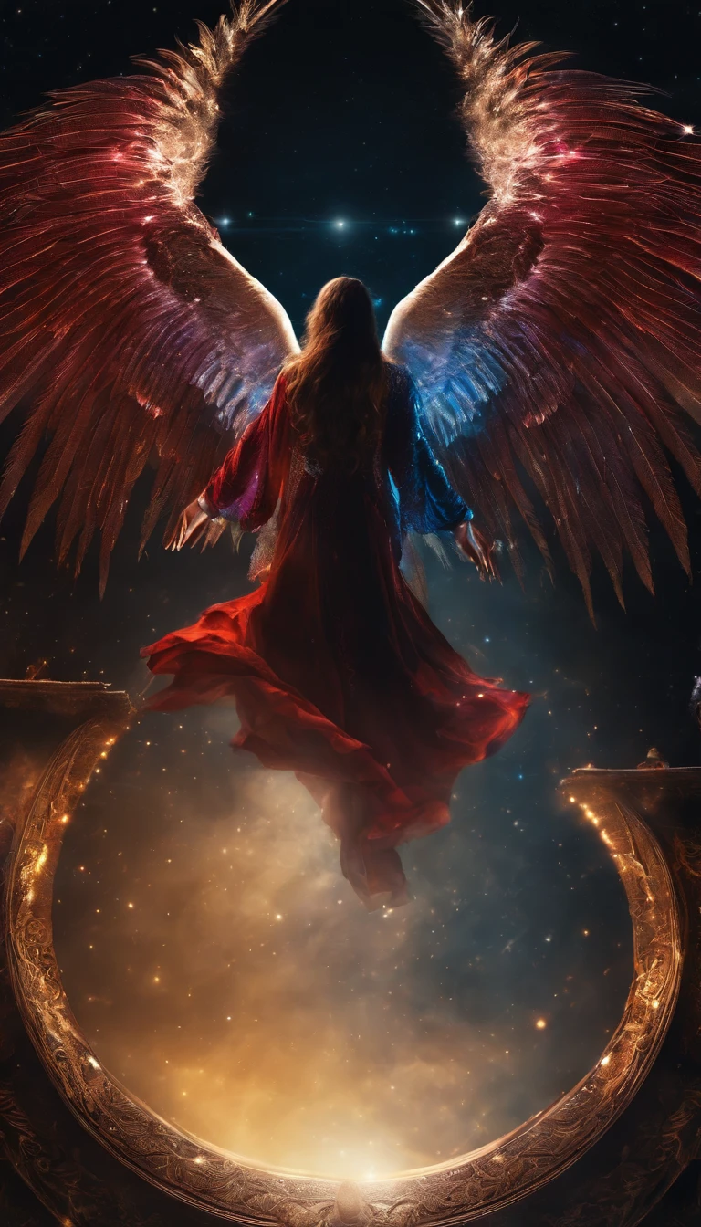 Cosmic Fallen Angel, Bright and clear eyes, Biomechanicals, The colors are very vivid, Light particles, There is bright light, Mshiv, wallpaper art, ultra HD wallpaper，natta，with black background，The light from the rear window is backlit