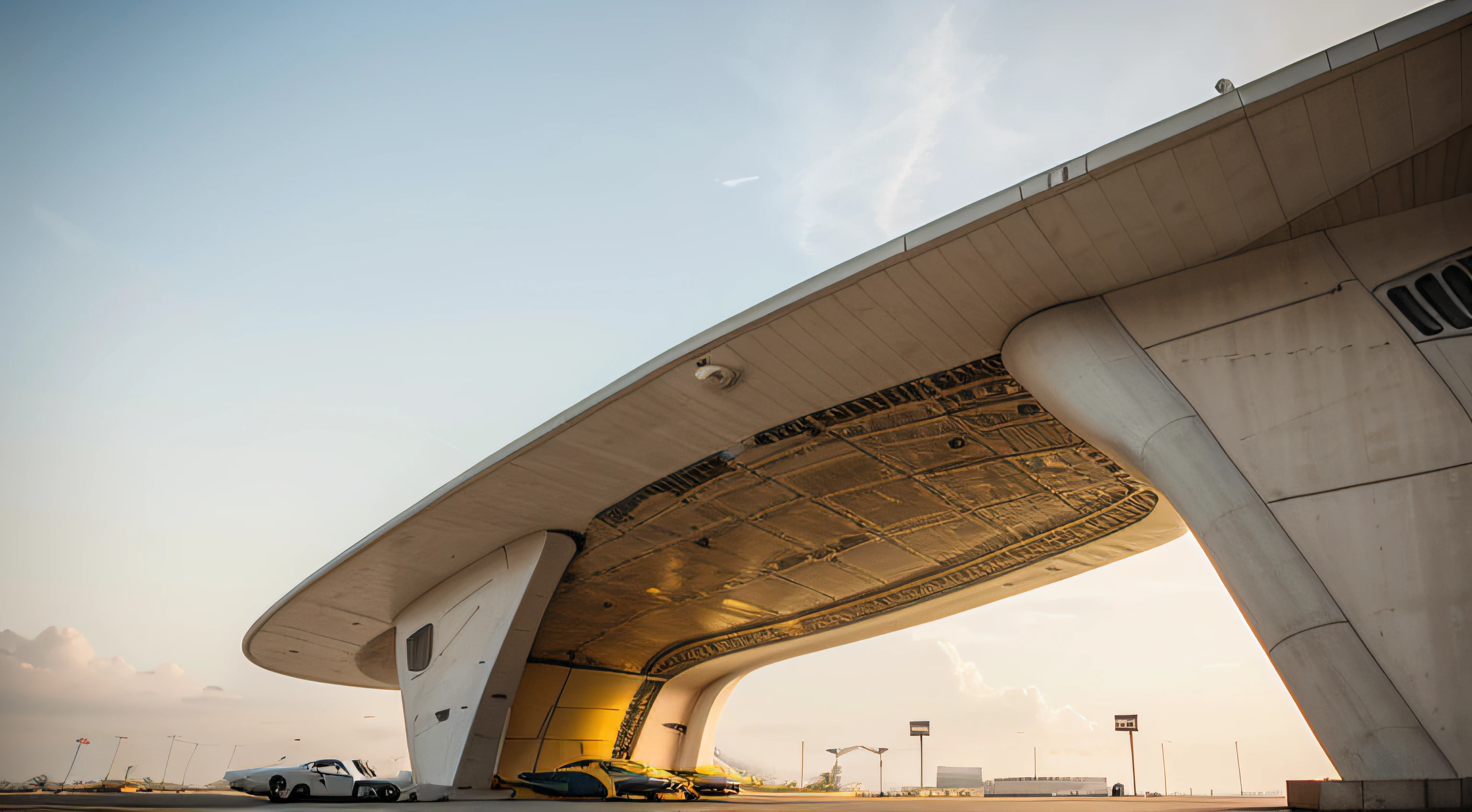 On Mars,wave-shaped building complex,High-tech aircraft flies in front of the building。aircraft details,aircraft in front of camera,Yellow sky,basic architectural details,super wide shot,High realism,lightand shade contrast,