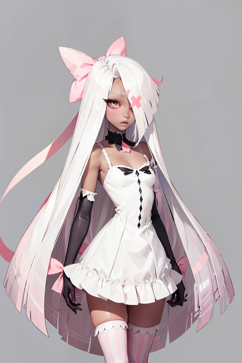 Vaggie, 1girl, gray skin, white hair, pink sclera, yellow pupils, long hair, white dress, pink and white striped stockings, hair bow, long gloves, perfect anatomy, solo