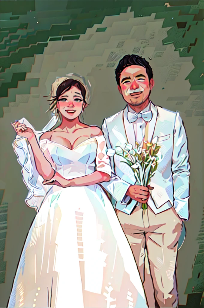 Line art, texture, line art illustration, a man wearing beige suit holding a bunch of flowers and trousers and woman wearing white wedding dresses in wedding attire posing for a photo, wedding photo, lovely couple, grey backdrops