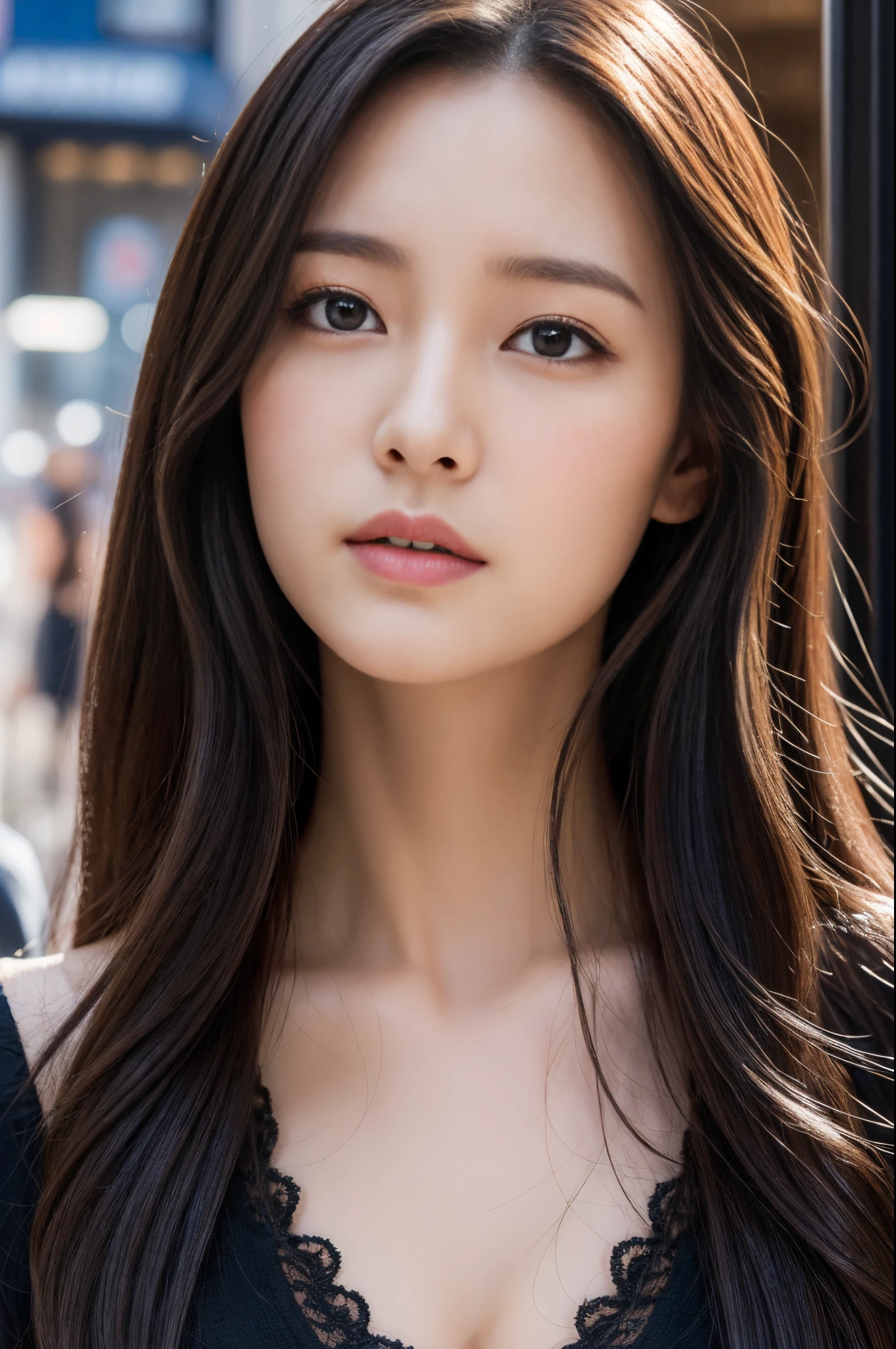 Walk the streets of the city,One lady、 Black shirt, wearing gorgeous black clothes, She wears a black shirt.Black Dress, shopping, In the city, highly detailed beautiful girl, Highly detailed face, Highly detailed eyes, highly detailedskin, extremely detailed fingers, highly detailed nose, very detailed detailed mouth、black pendant,A wistful look、cleavage of the breast