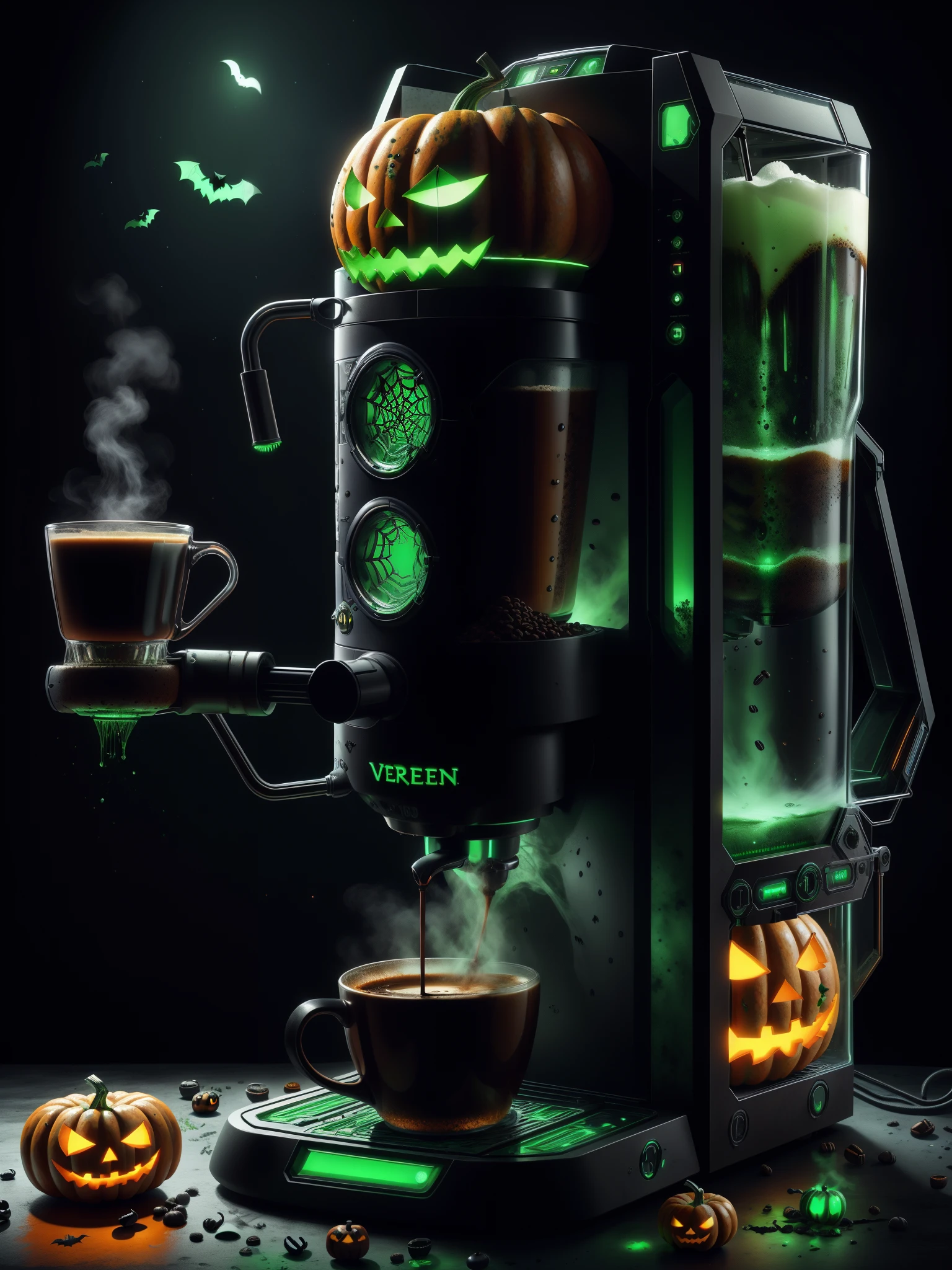 Halloweentech , Scifi,  verde sobrenatural, assustador,
coffee machine