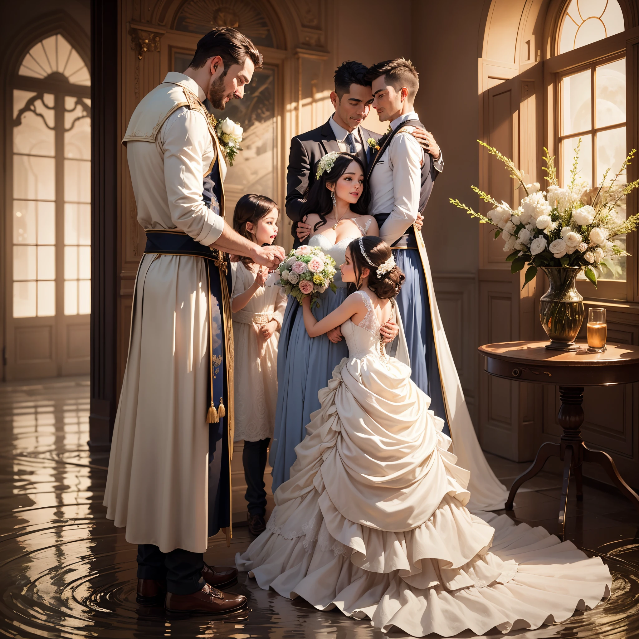 An exquisite and warm family scene. At home, a wedding is going on, the bride, wearing a gorgeous wedding dress. The presence of the people bless the new man, the husband stood in the river moon side, look affectionate, --auto --s2