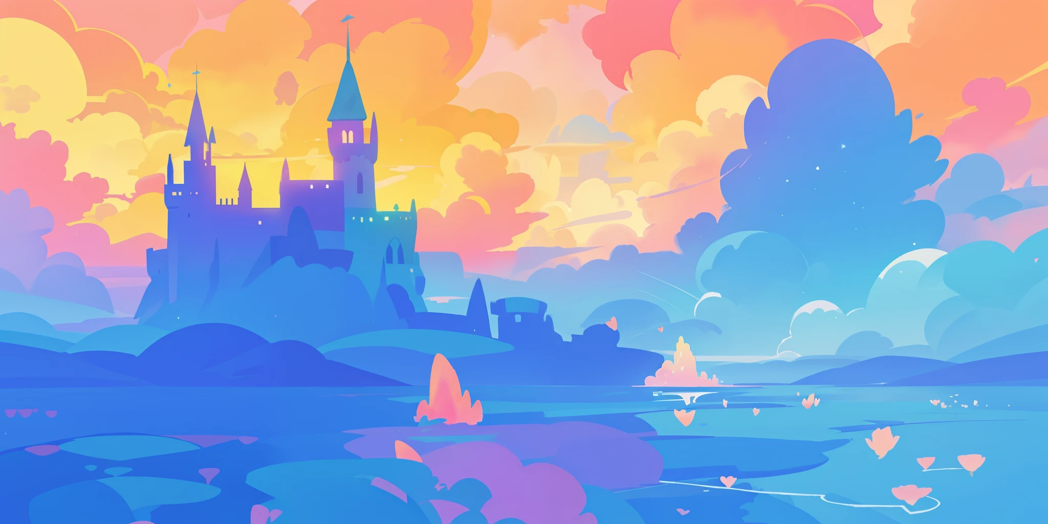beautiful fantasy landscape, vibrant colors, (((otherworldly landscape))), whimsical landscape, cloud castle, huge clouds, ocean of clouds, watercolor illustration, disney art style, glowing lights, beautiful digital illustration, fantasia otherworldly landscape plants flowers, beautiful, masterpiece, best quality, anime disney style