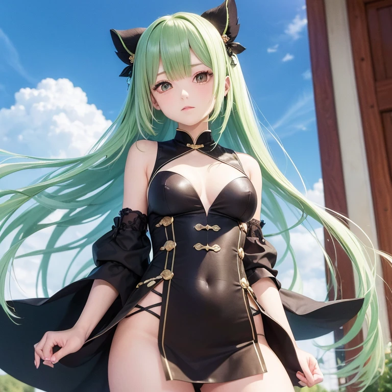 （（masutepiece、An ultra-high picture quality、ultra-quality、8K、clear details、face perfect、Phenomenally cute face、the perfect body、Big、realphoto、））18year old、A cute girl with green hair that stretches down to her back, Standing around 150cm tall.、Green hair、Hair fluttering in the wind、 black chinese clothes、The crotch visible from the black Chinese dress fluttering in the wind、Dissatisfied, but she looks shy.、（A photo looking up from below with a full body composition、The wind flips my clothes and I can see my crotch......）