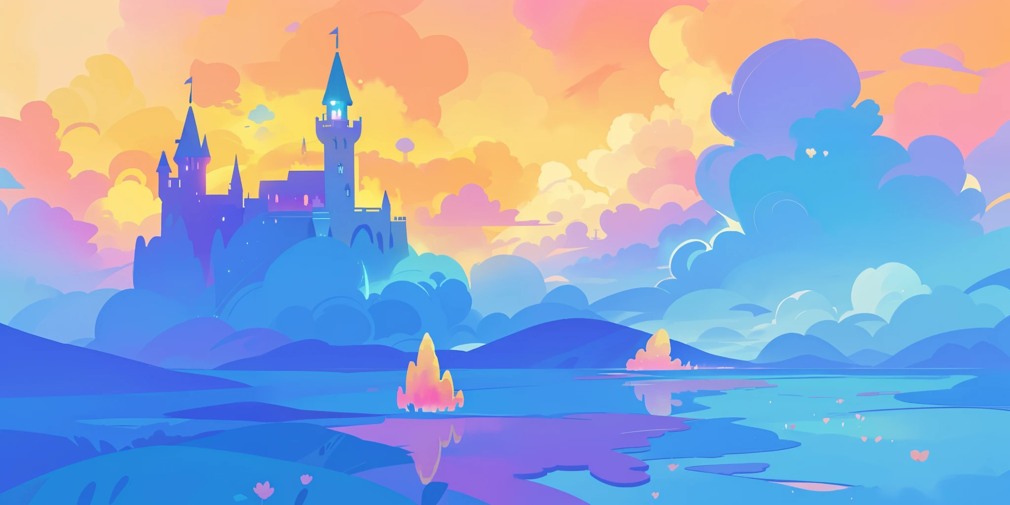 beautiful fantasy landscape, vibrant colors, (((otherworldly landscape))), whimsical landscape, cloud castle, huge clouds, ocean of clouds, watercolor illustration, disney art style, glowing lights, beautiful digital illustration, fantasia otherworldly landscape plants flowers, beautiful, masterpiece, best quality, anime disney style